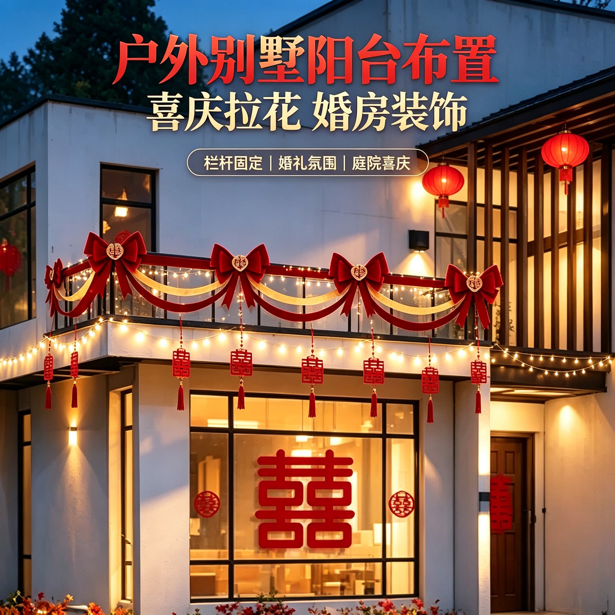 婚房拉花女方自建房彩旗喜庆大红喜字沙发背景墙婚庆装饰装扮用品