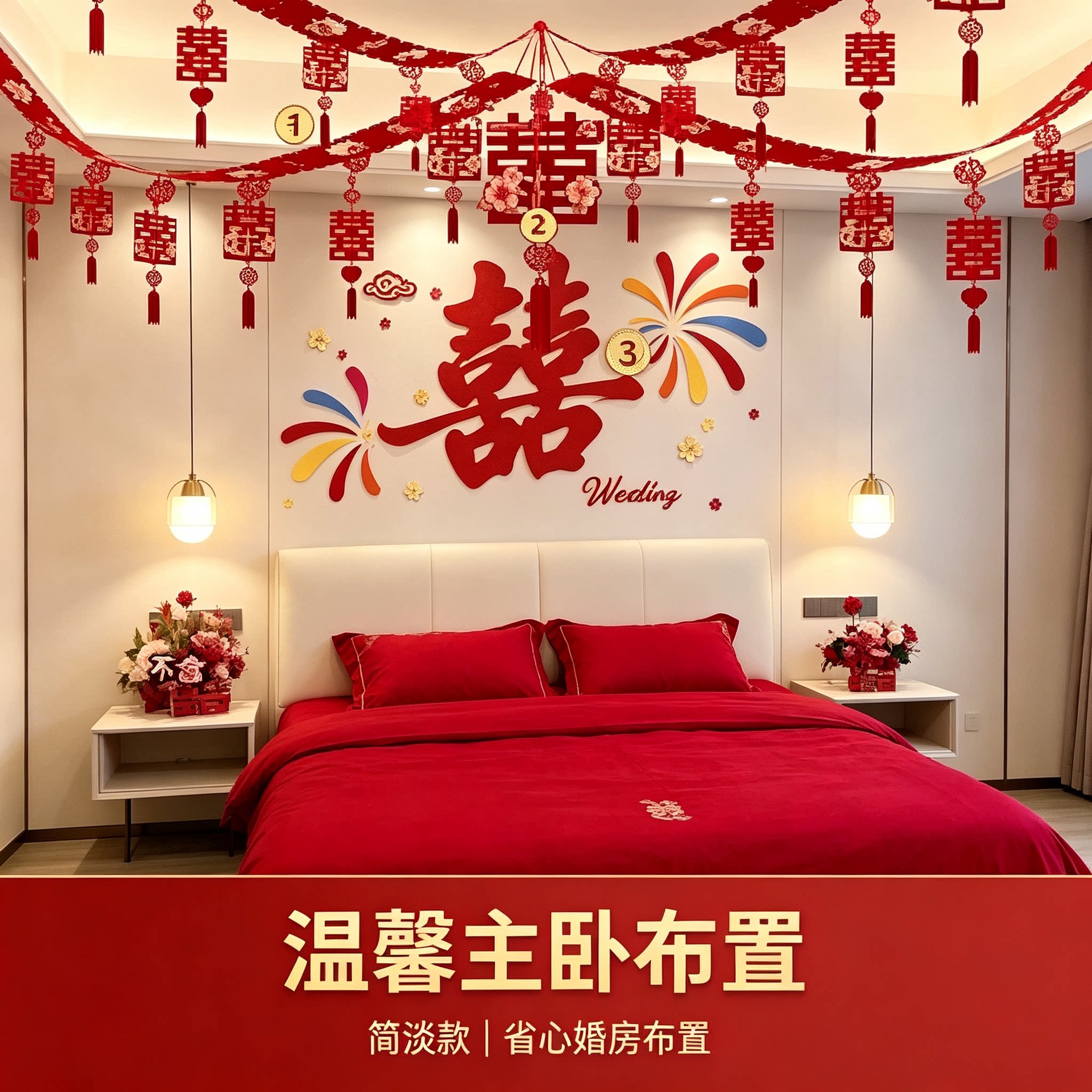 结婚婚房卧室床头喜字背景墙省心男女方吊顶拉花氛围感布置装
