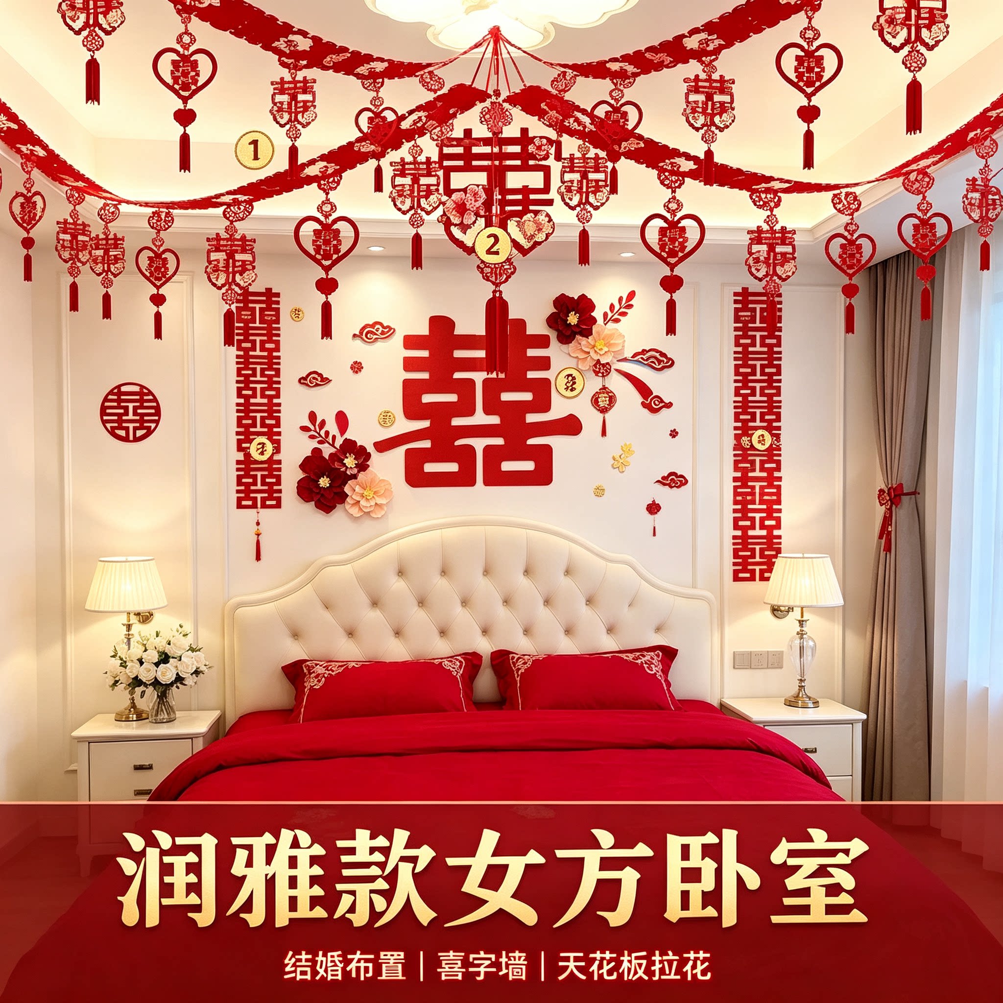 卧室床头加天花板结婚礼喜字背景墙男女方婚房氛围感装饰