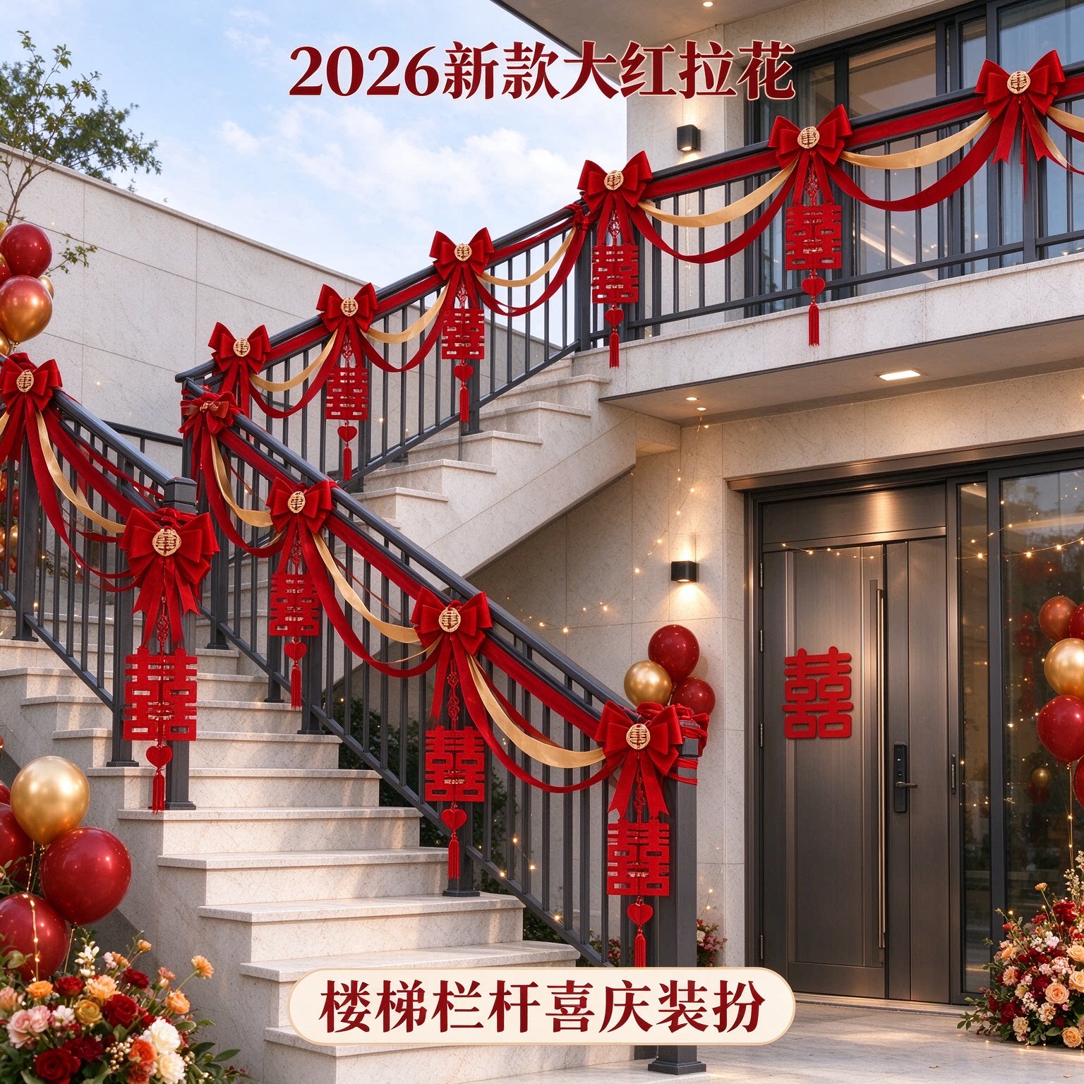 波浪旗女方台阶喜字2026新款大红客厅背景墙婚房装扮婚礼布置用品