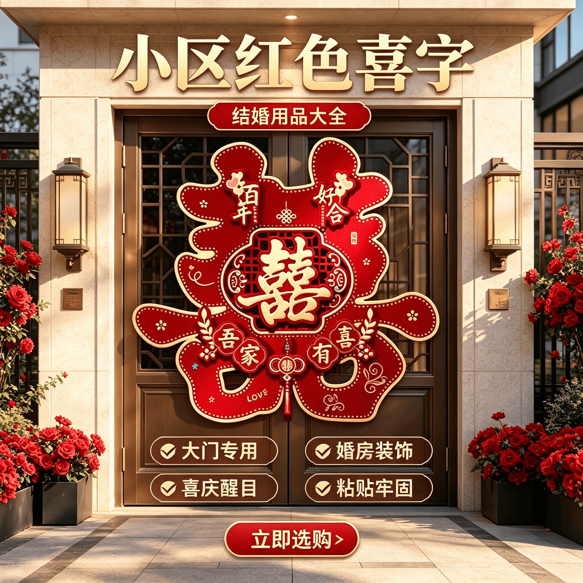 小区红色喜字结婚用品大全婚房