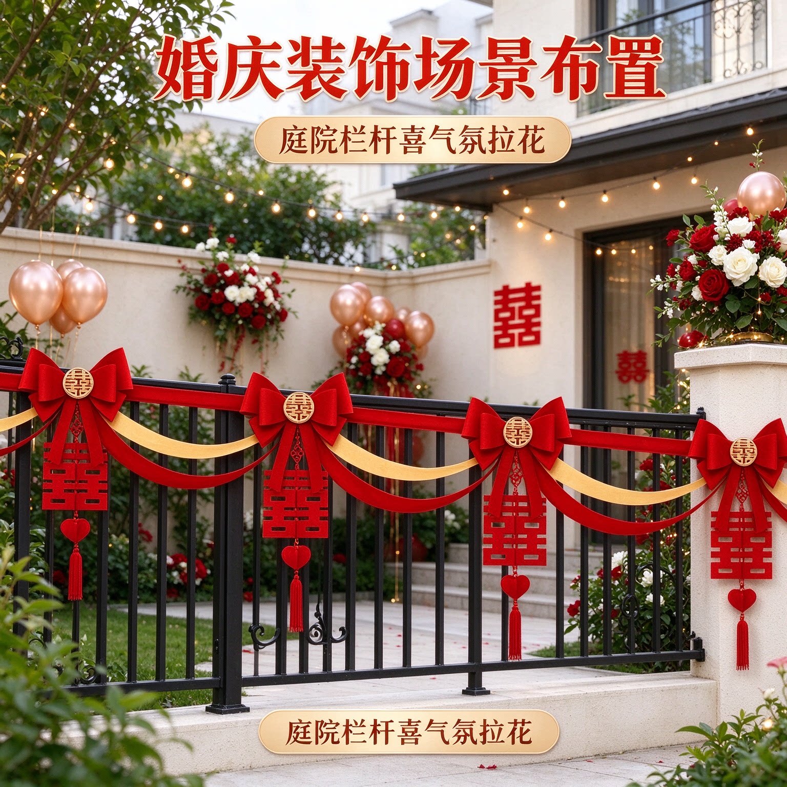 彩带拉花娘家屋顶蝴蝶结正喜大红喜字沙发背景墙婚庆装饰场景布置