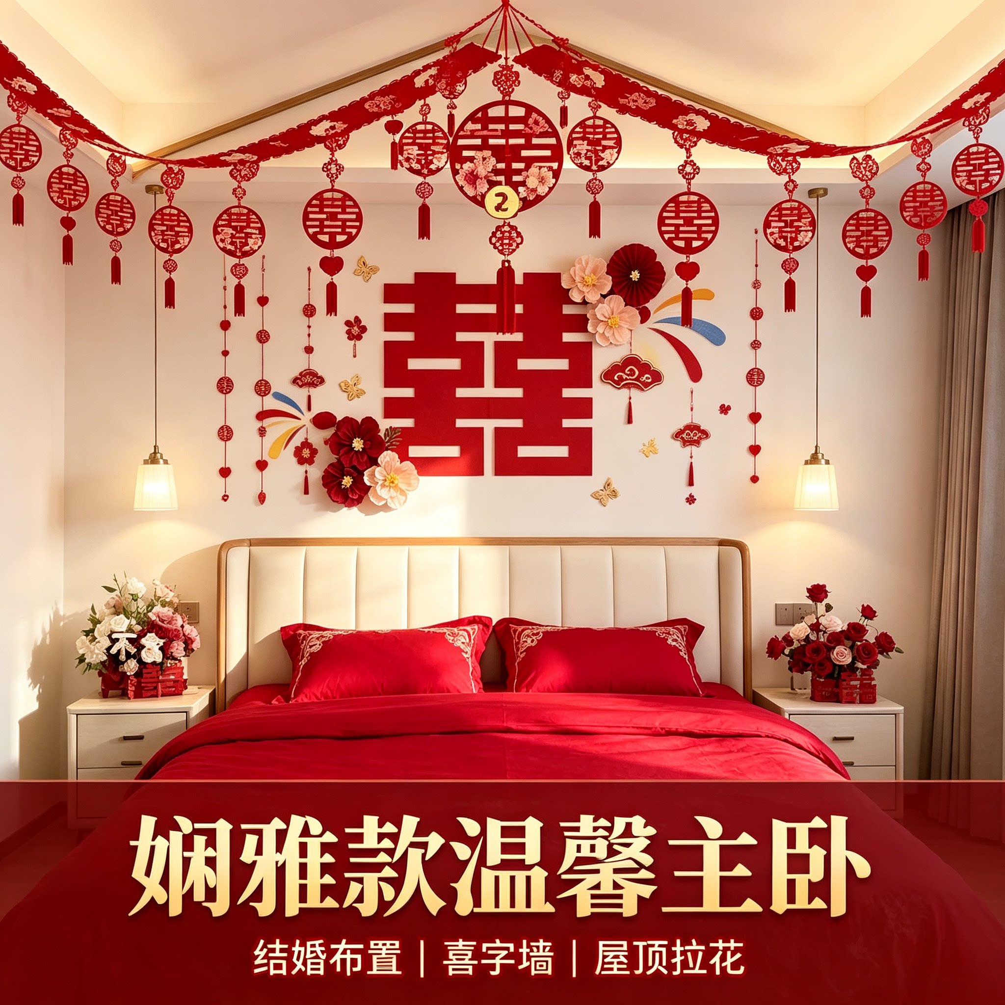 结婚婚房床头加屋顶卧室喜字背景墙男女方氛围感布置装饰套