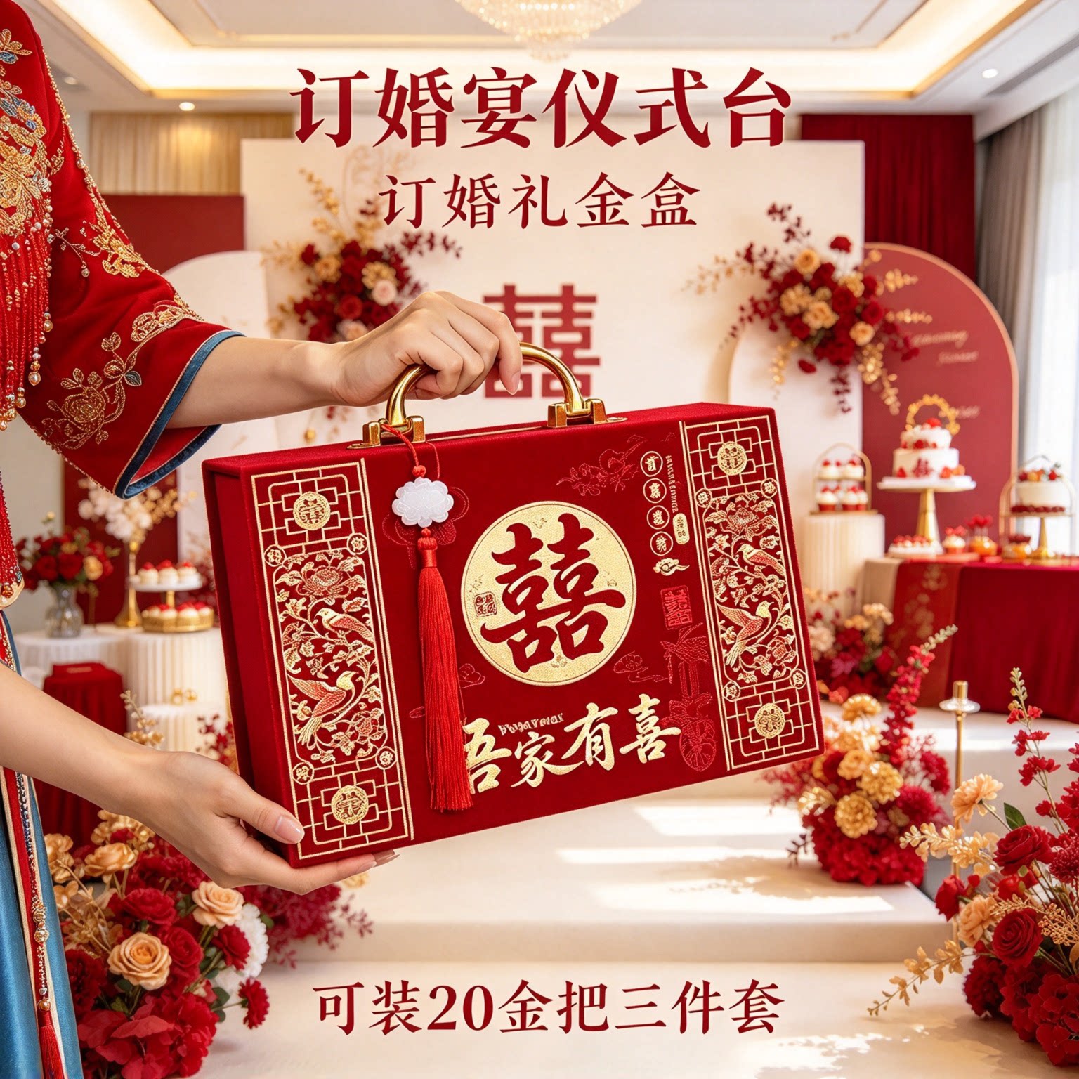 结婚彩礼现金礼盒可装20万金把三件套男方上门下聘红色佳礼钱盒子