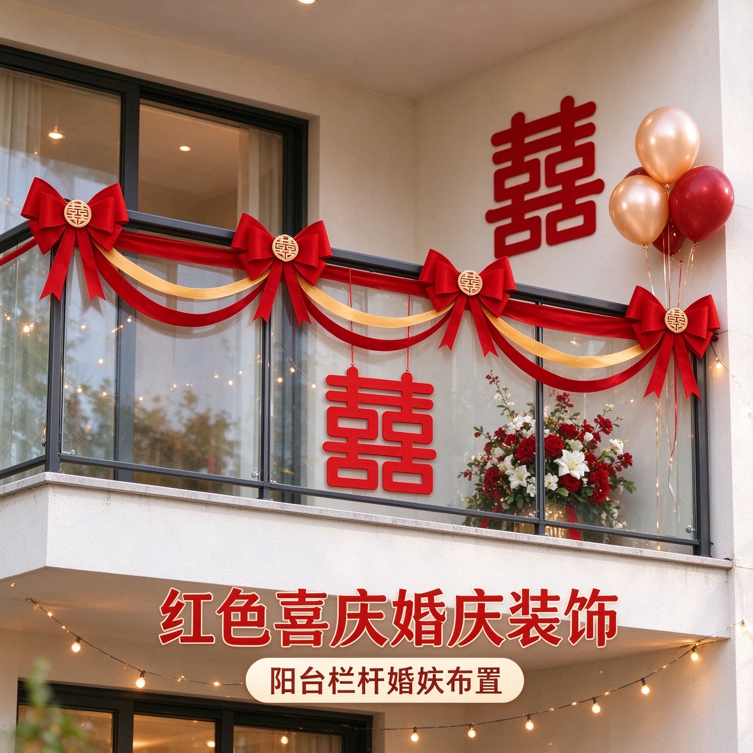 喜字拉花娘家台阶波浪旗中式红色喜庆沙发背景墙婚庆装饰场景布置
