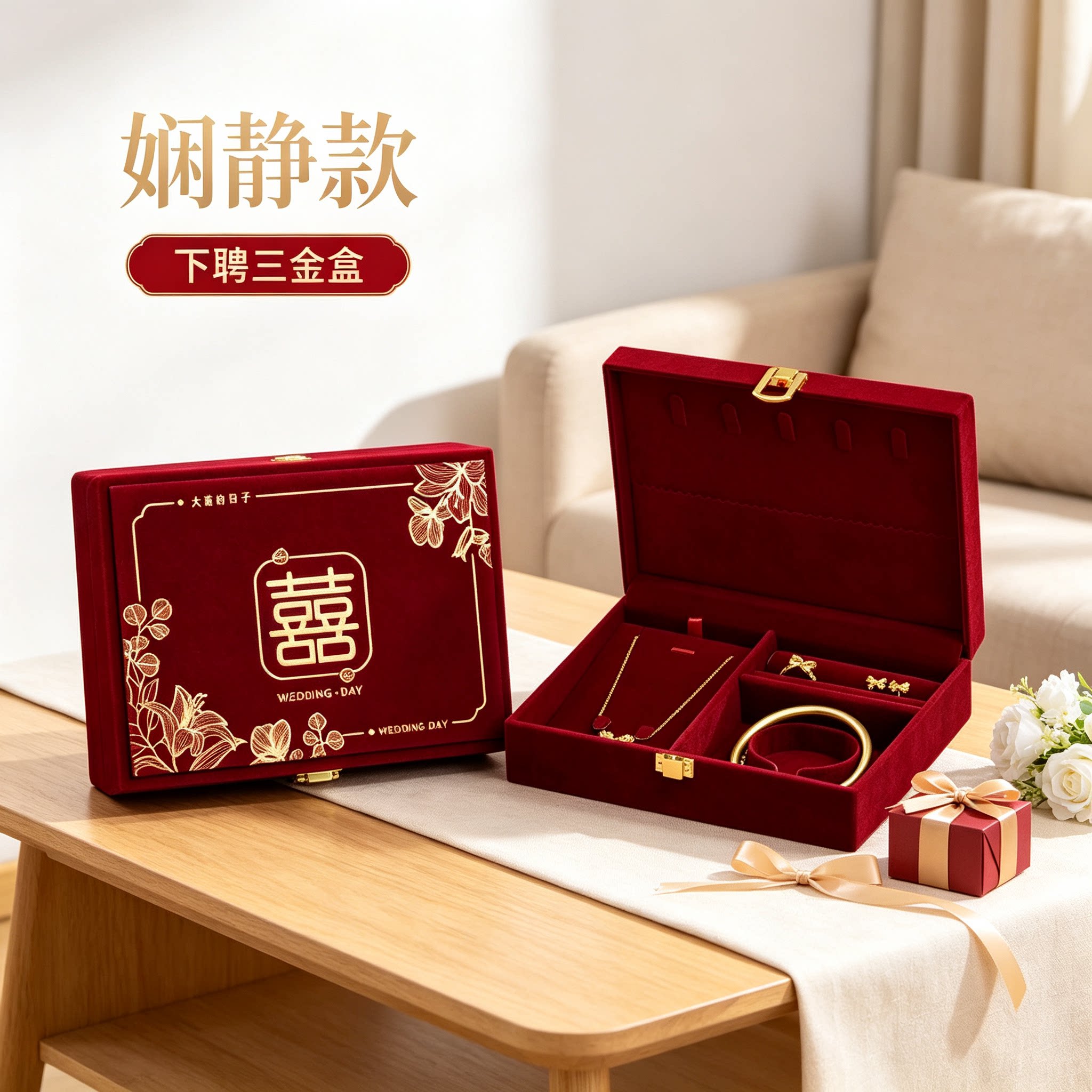 结婚黄金首饰盒下聘用男方金器订婚彩礼钱盒子酒红质感三金盒