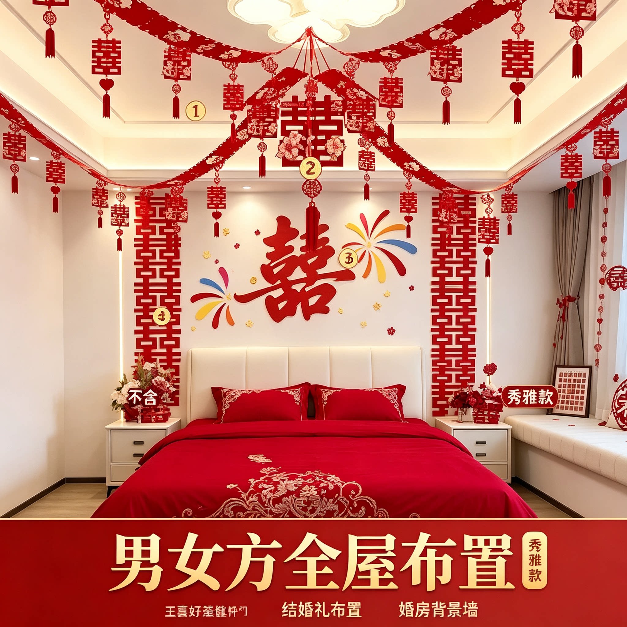 男女方全屋布置结婚礼卧室床头喜字吊顶拉花婚房背景墙