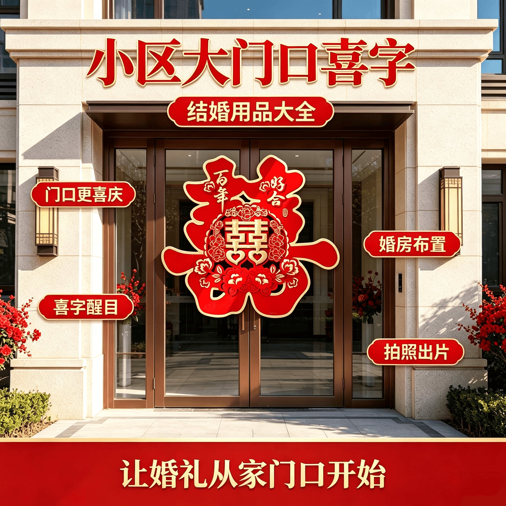 小区大门口喜字结婚用品大全婚房