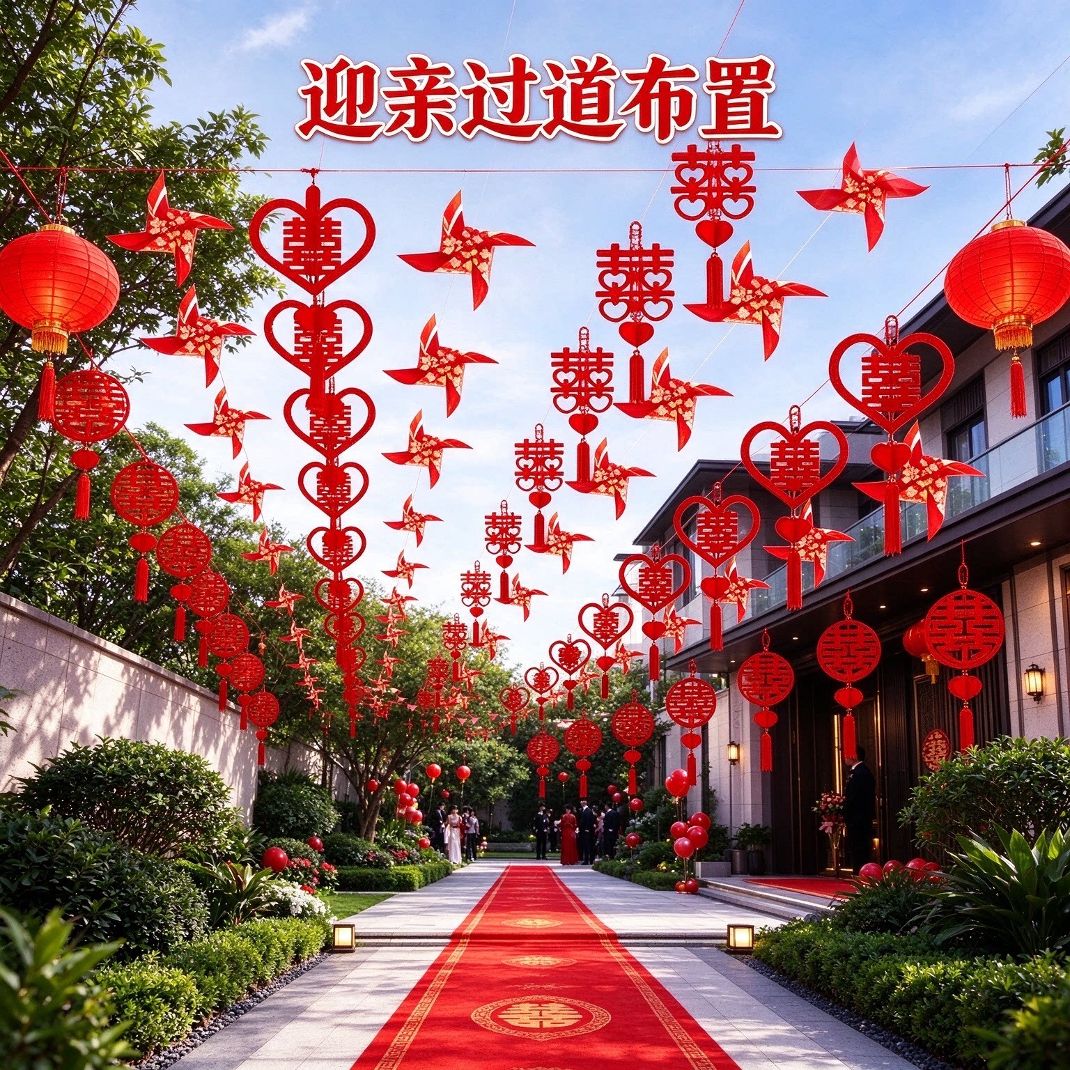 喜字拉花装饰新郎家大门口彩旗灯笼风车喜庆大红婚礼场景布置用品