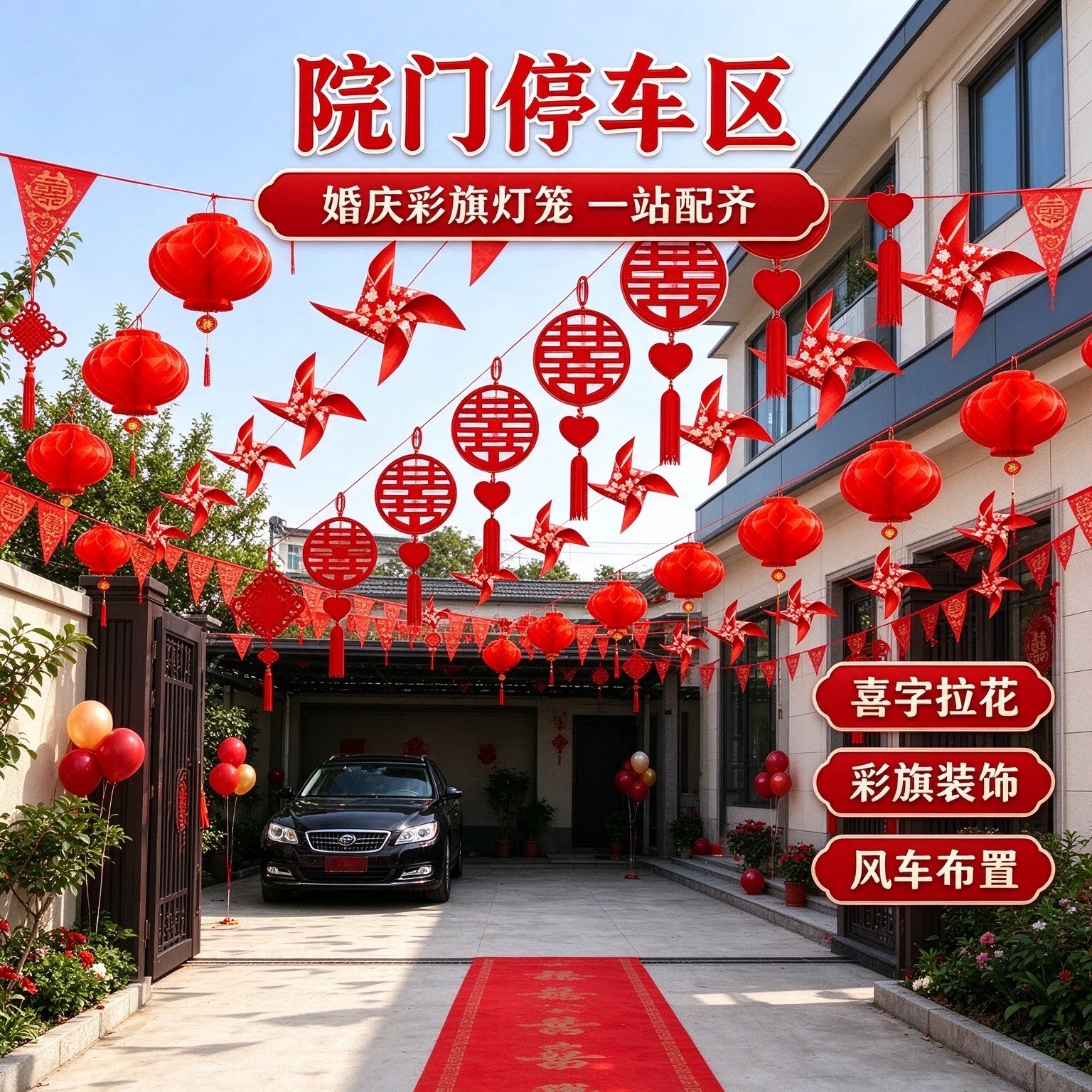 结婚彩带拉花新郎家院门彩旗灯笼风车喜庆大红户外婚礼布置装饰