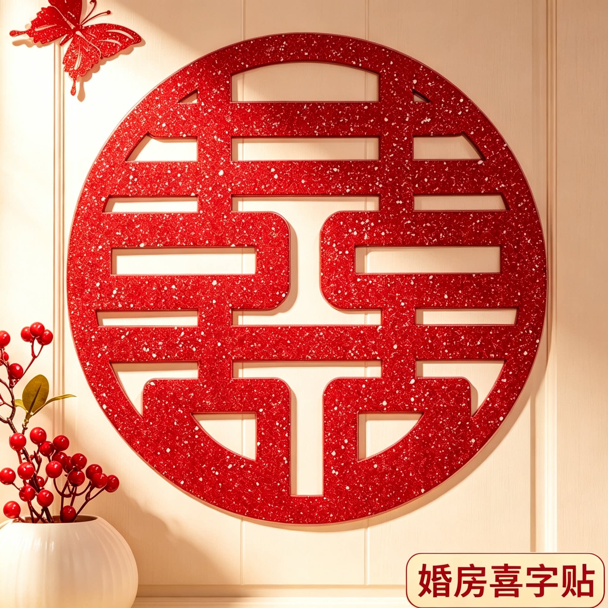 婚房闪粉喜字贴结婚大门窗户囍字贴纸新房嫁娶婚庆布置小礼品