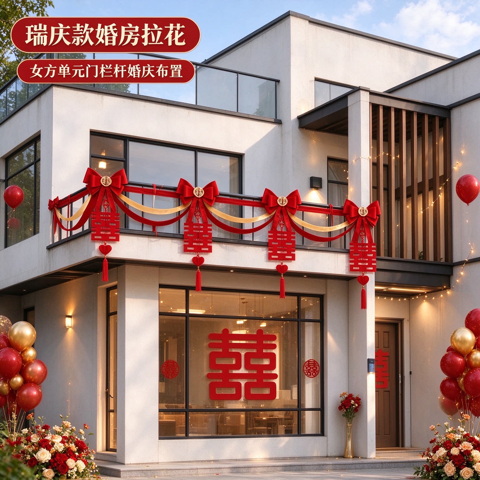 婚房拉花女方单元门彩旗高级感大气楼梯台阶婚庆装饰婚礼场景布置