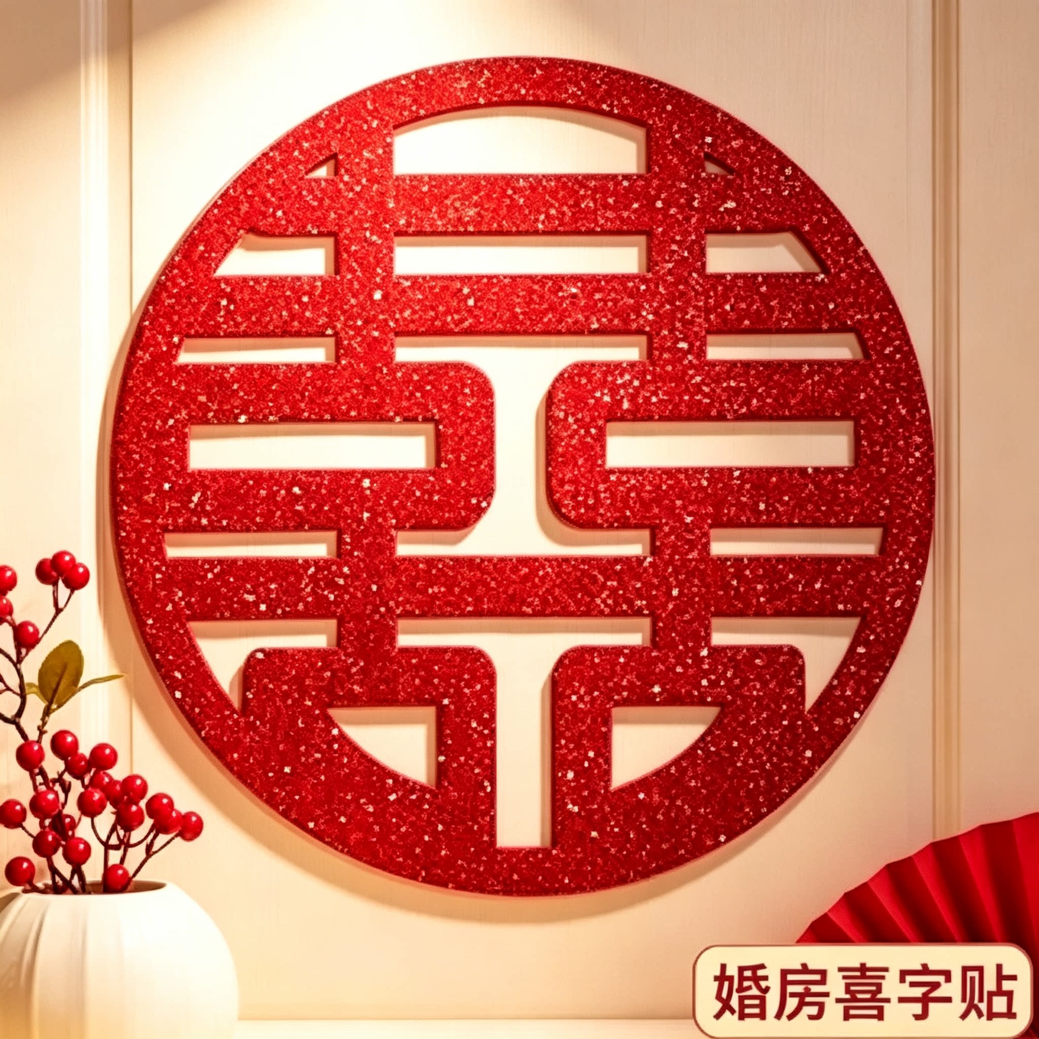 结婚婚房闪粉喜字贴大门窗户囍字贴纸新房嫁娶家用装饰摆件