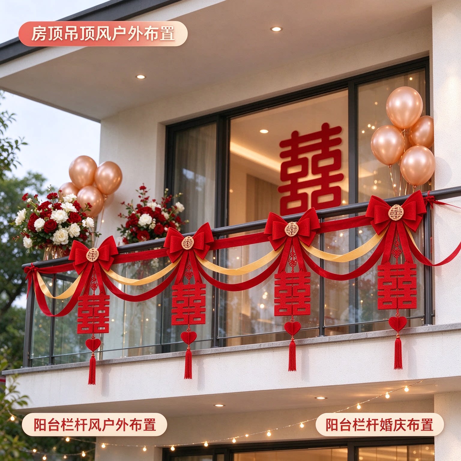 婚房拉花娘家自建房蝴蝶结中式大红喜字房顶吊顶婚庆装饰装扮用品