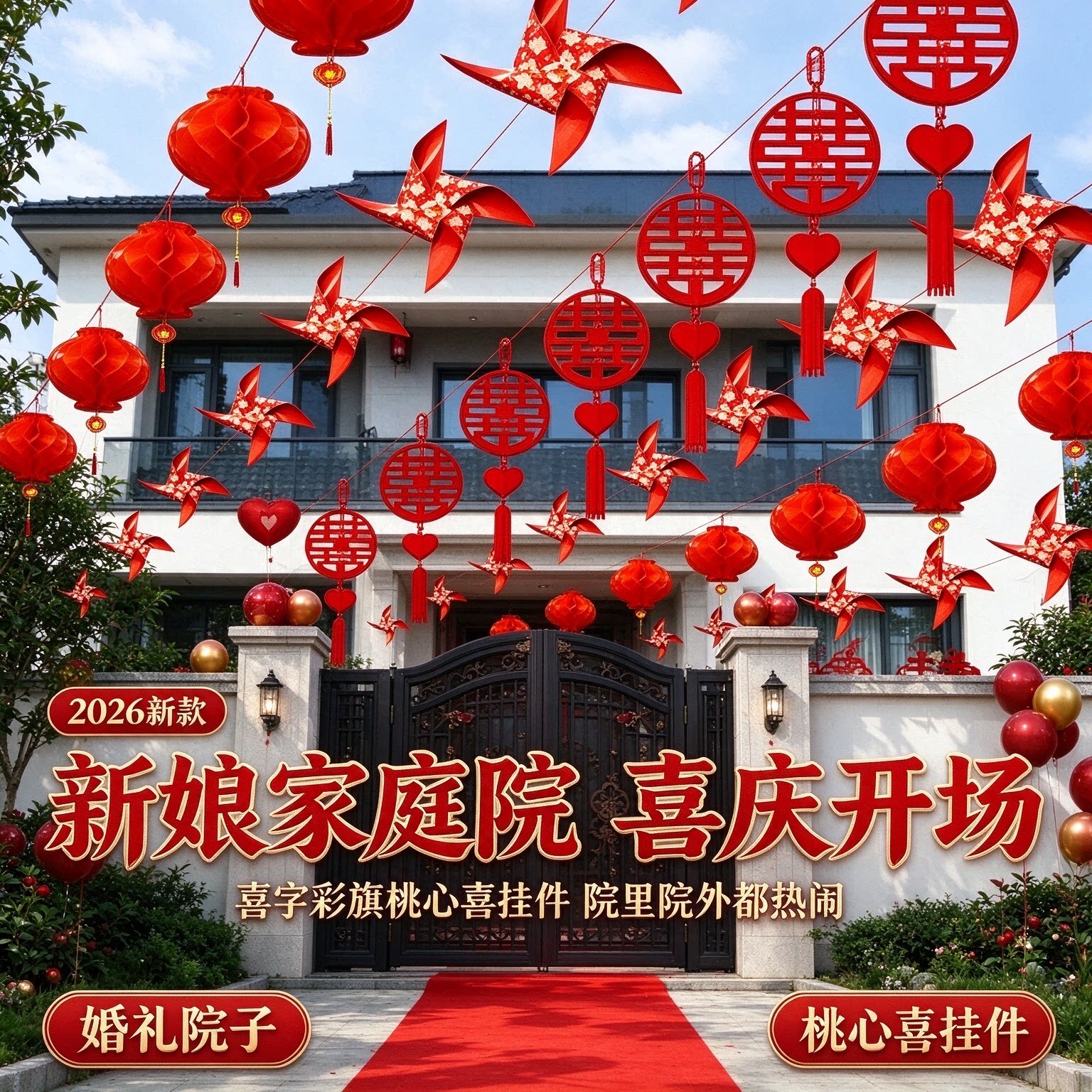 结婚喜字彩旗新娘家庭院户外桃心喜挂件2026新款婚礼院子装饰布置