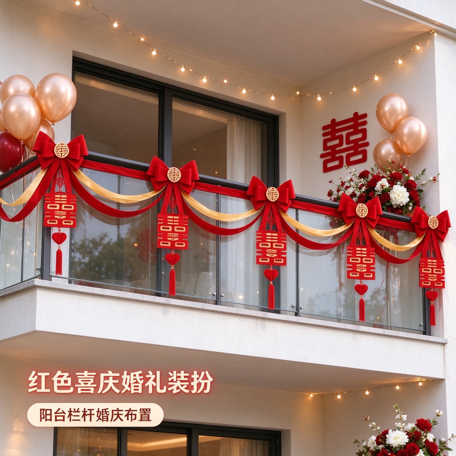 蝴蝶结拉花女方吊顶喜字圆喜红色喜庆农村自建房婚礼装扮场景布置
