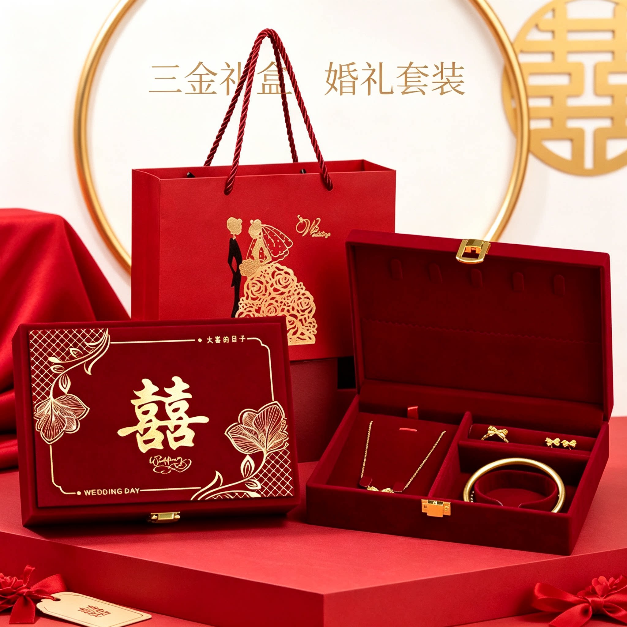 酒红黄金首饰盒放金器男方订婚结婚彩礼钱盒子质感婚礼三金盒