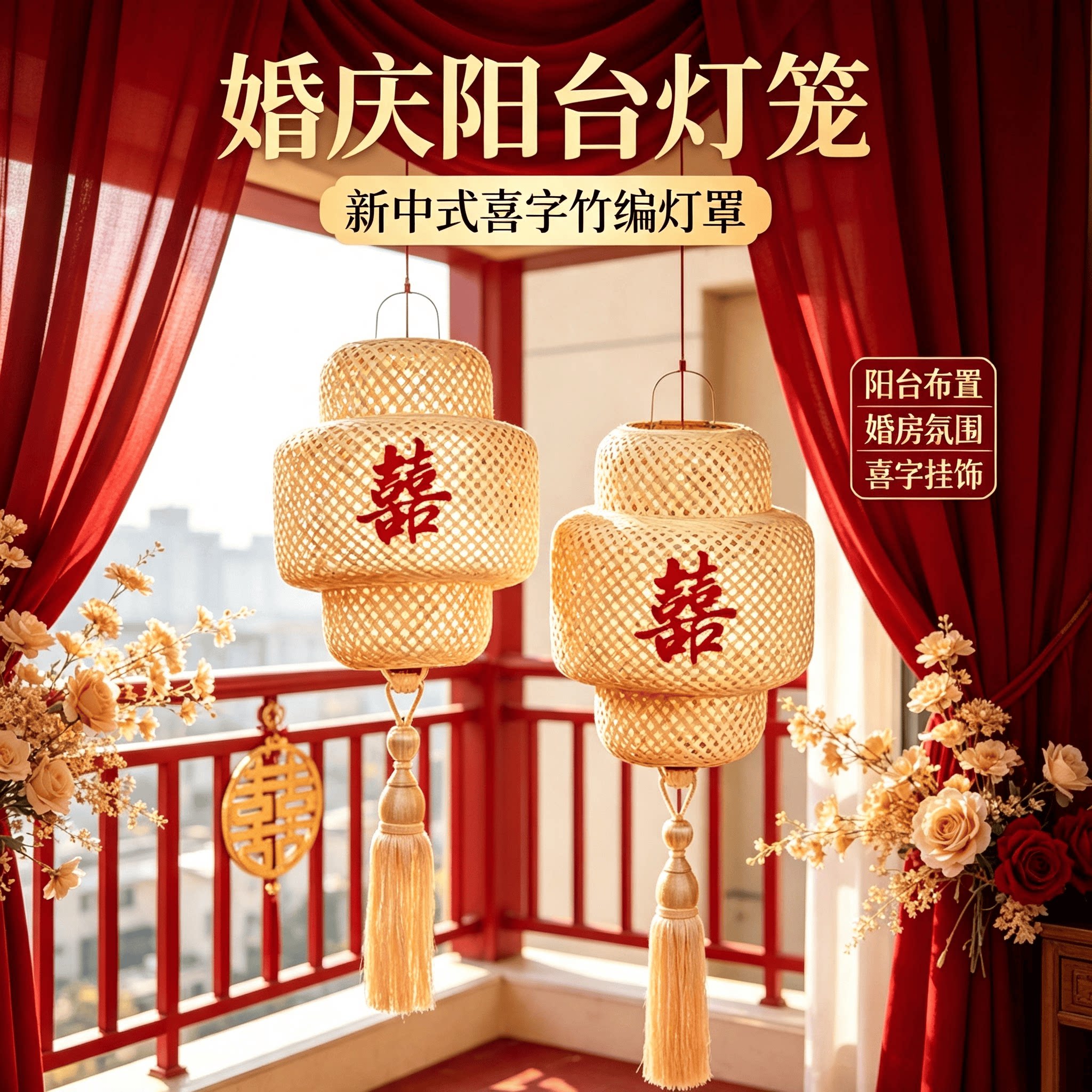 婚庆阳台灯笼禅意喜字竹编灯笼