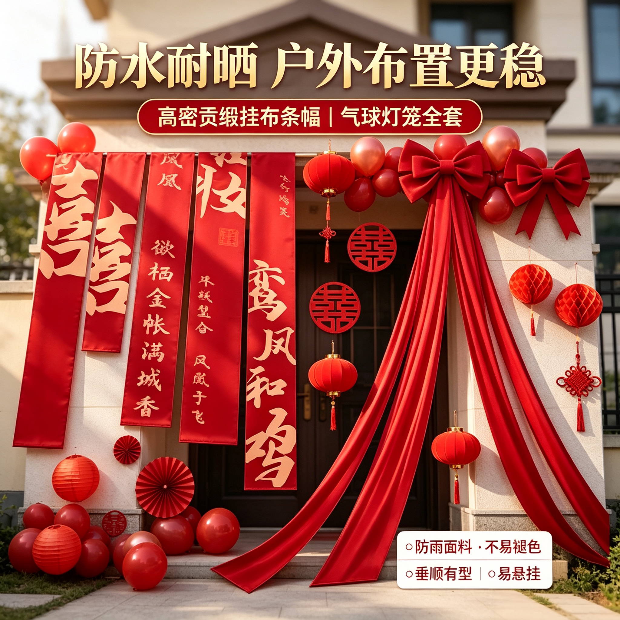 农村自建房别墅院落含气球灯笼挂布条幅大门口婚礼防水整套喜宴套