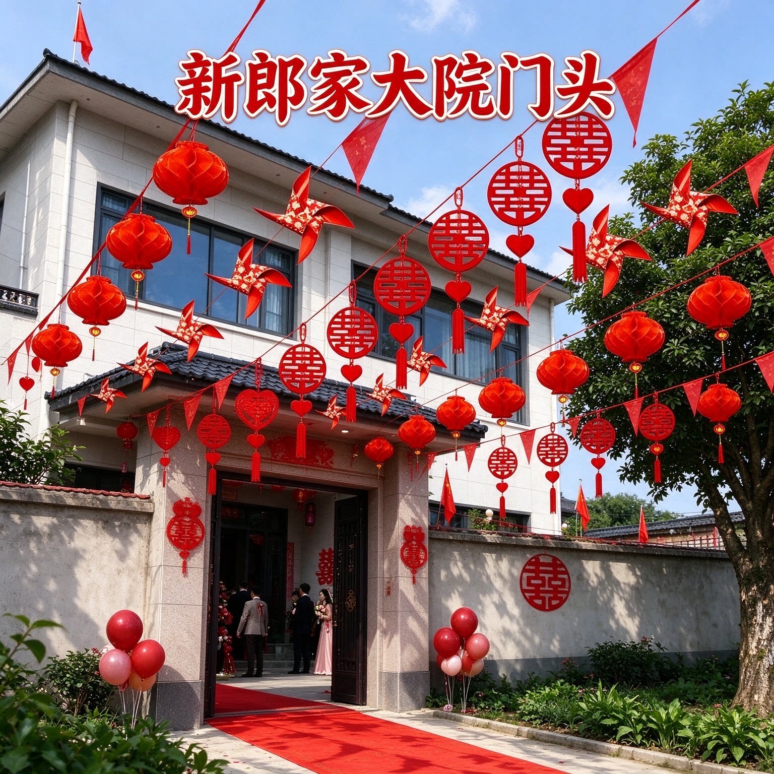 婚庆拉花彩带新郎家大门口桃心喜挂件喜庆大红户外婚礼布置装饰