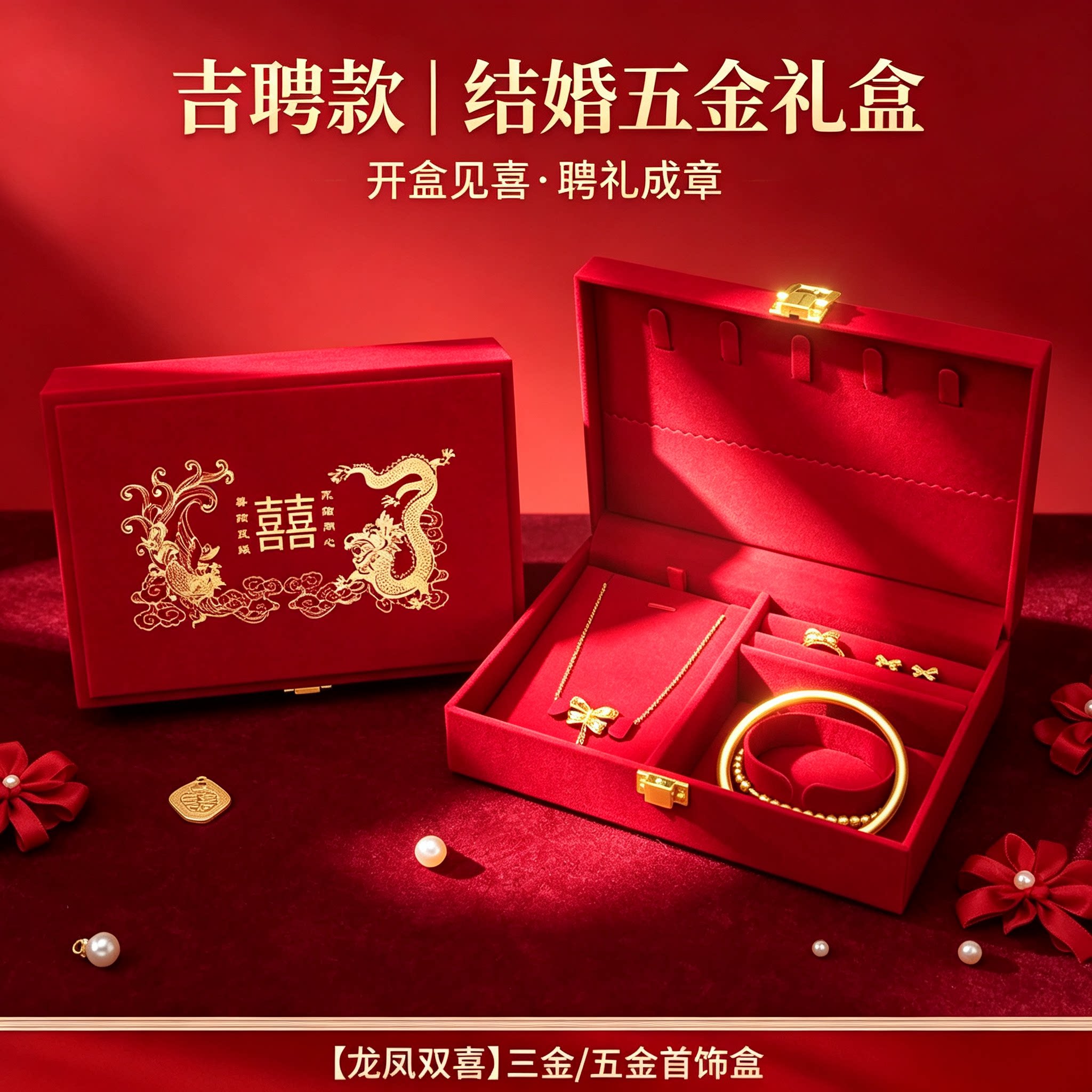 订婚黄金首饰盒开合方便男方金器结婚彩礼钱盒子酒红婚礼五金盒