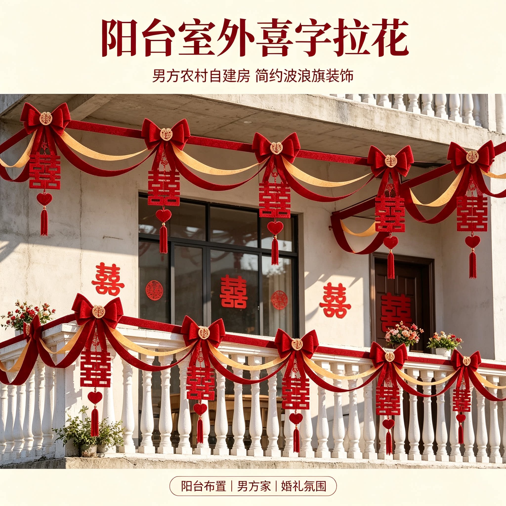 婚礼拉花男方室外波浪旗简约大红喜字农村自建房布置装饰装扮用品