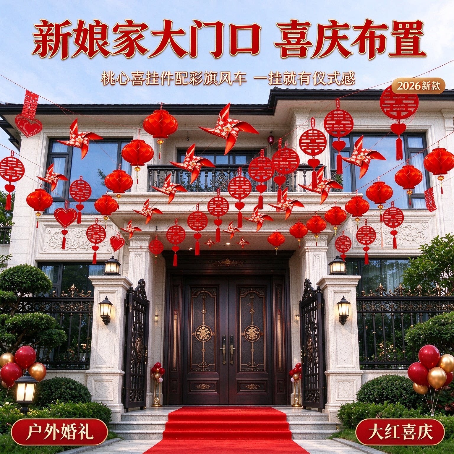 结婚喜字彩旗新娘家大门口桃心喜挂件2026新款户外婚礼布置装饰