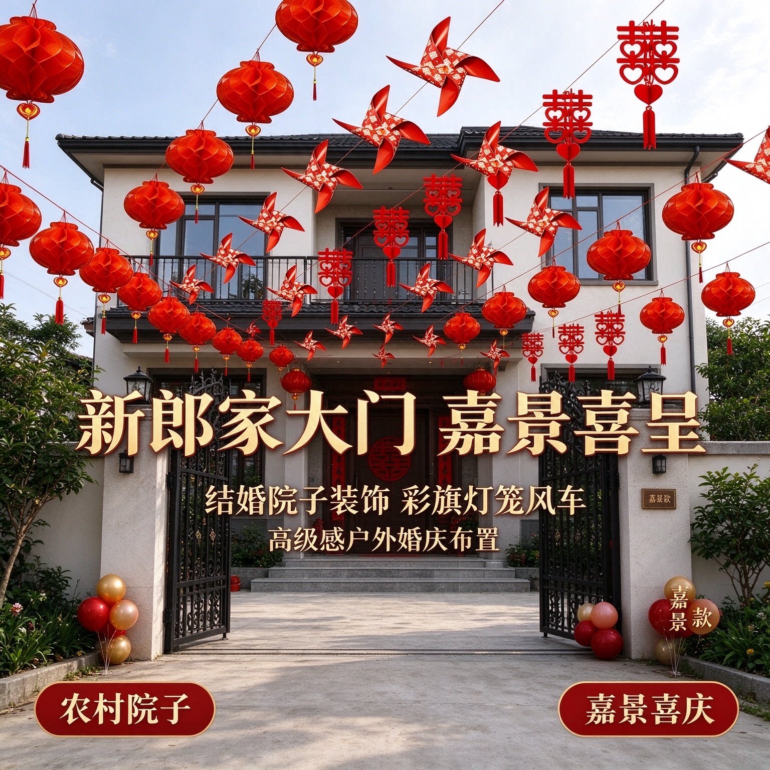 结婚院子装饰新郎家大门口彩旗灯笼风车高级感户外婚庆布置用品