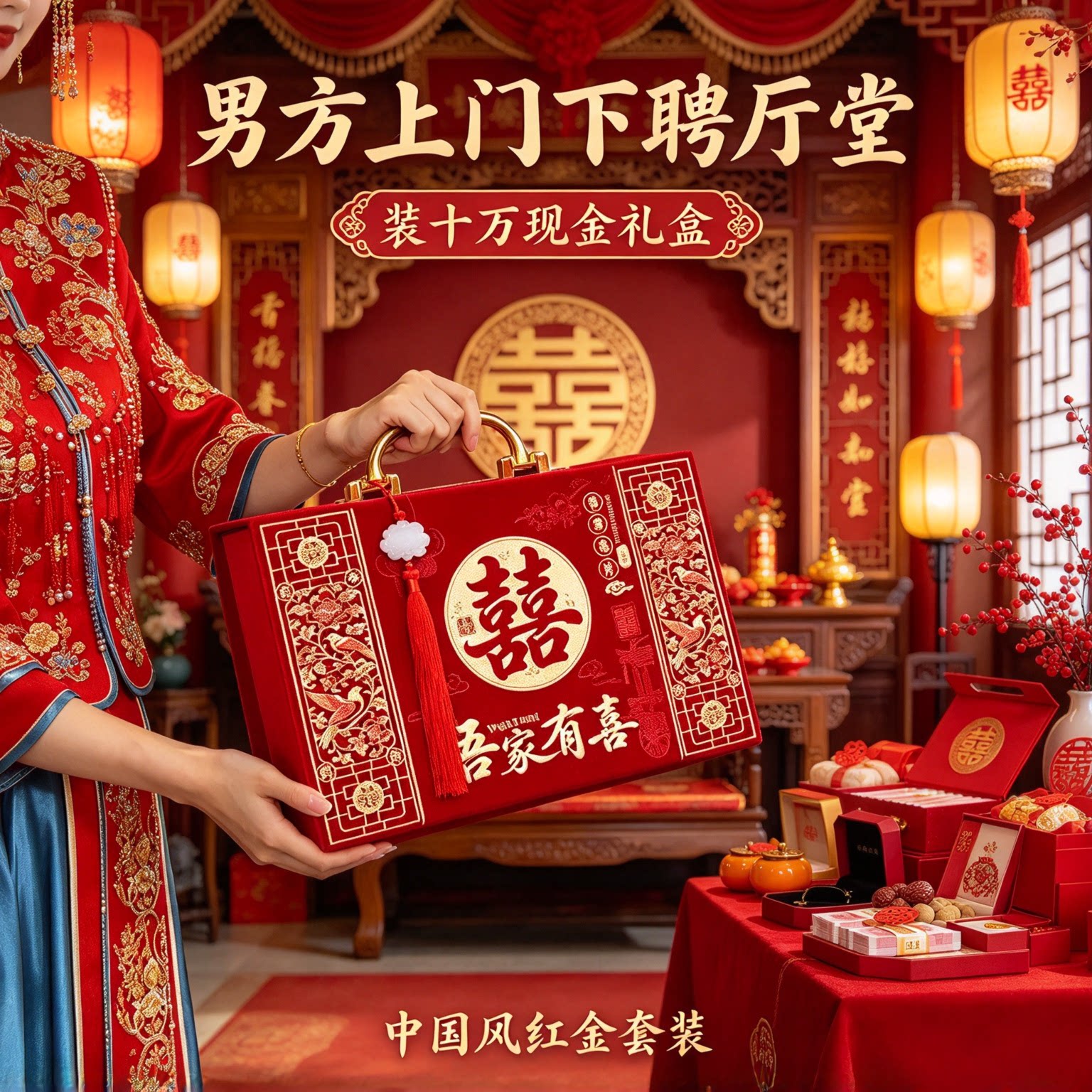 结婚彩礼现金礼盒装十万中国风套装男方上门下聘红色厚礼用品大全