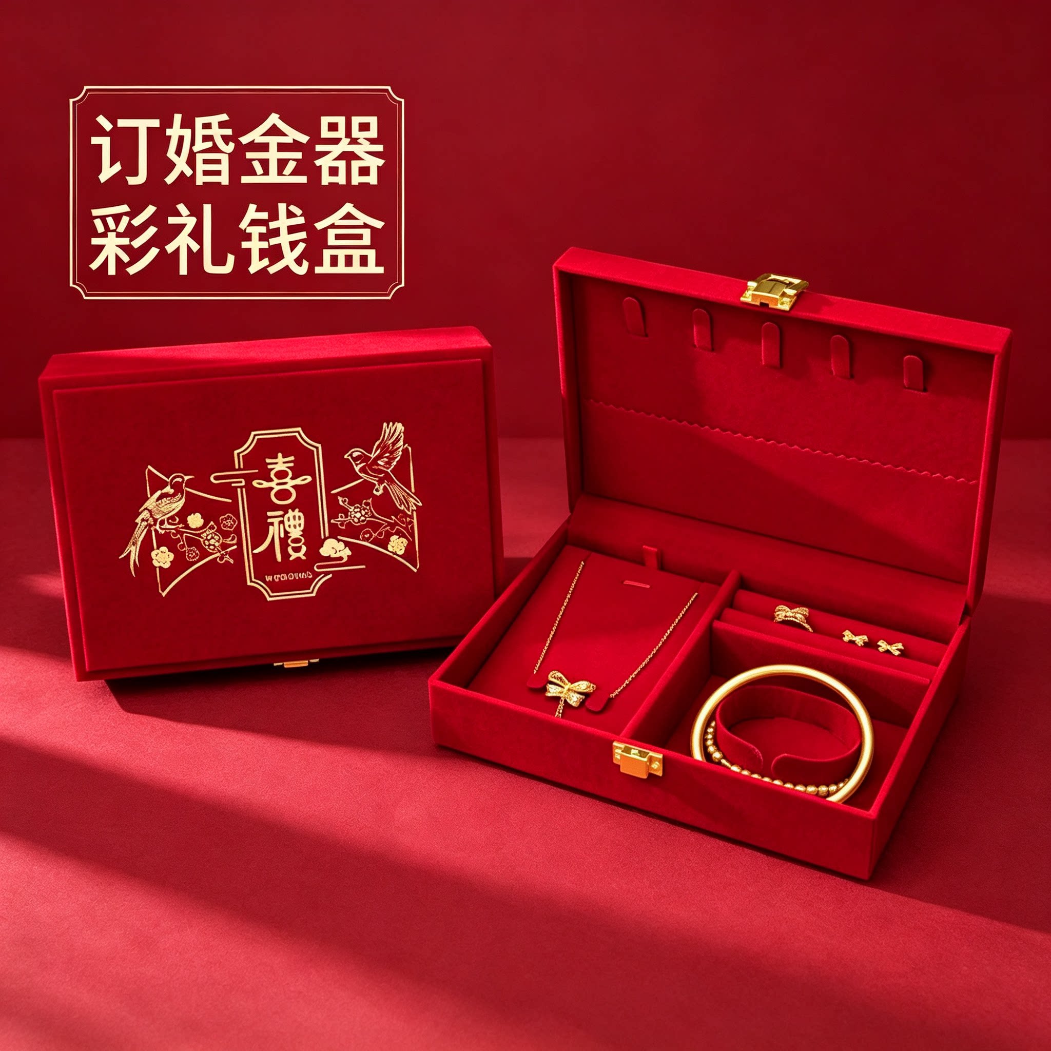 男方黄金首饰盒提亲用订婚金器结婚彩礼钱盒子酒红质感三金盒