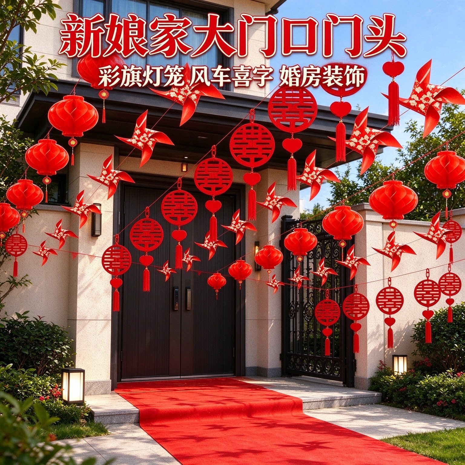 婚庆拉花彩带新娘家大门口彩旗灯笼风车氛围感婚礼院子装饰布置