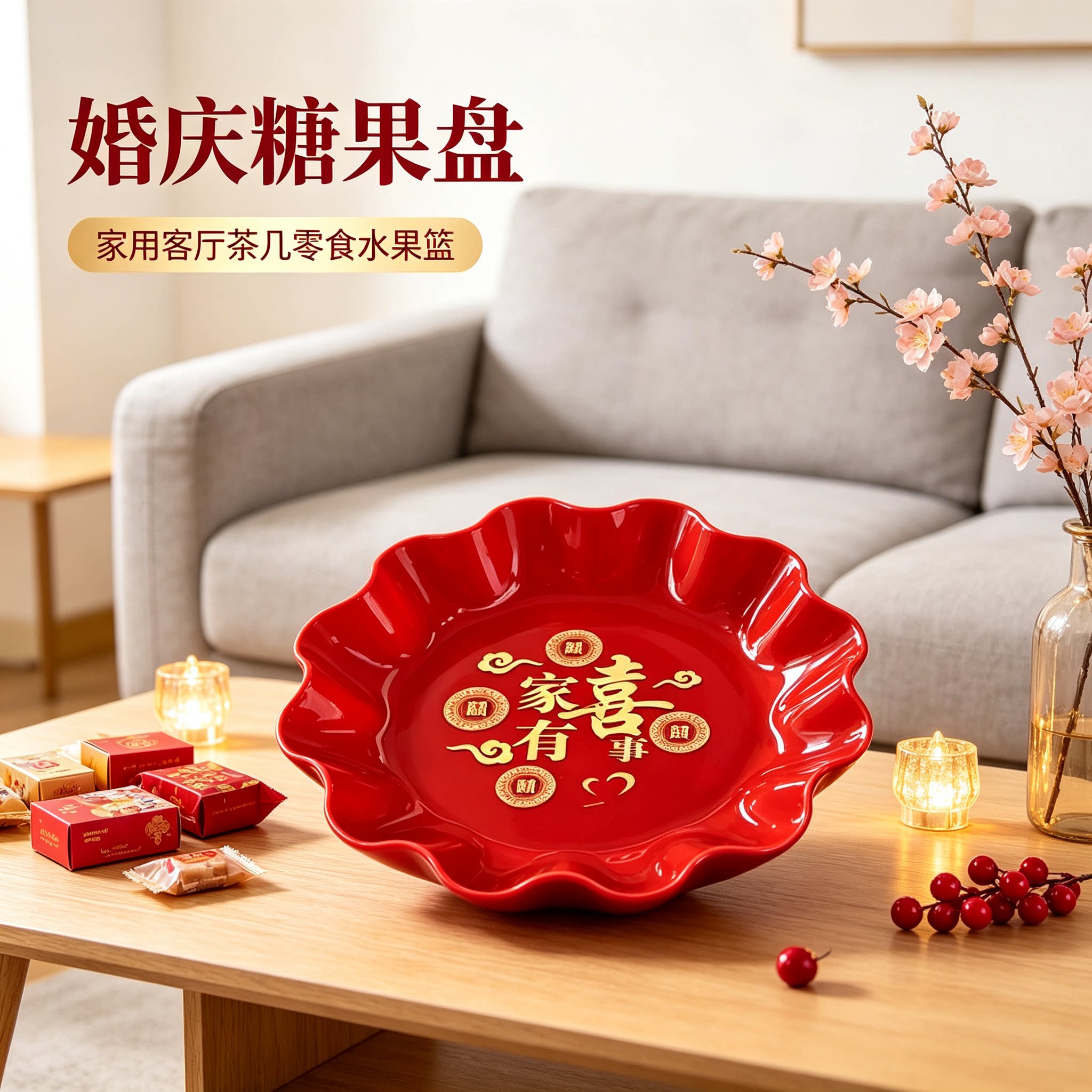 婚庆糖果盘烫金喜字家用客厅茶几零食水果篮结婚订婚装饰用