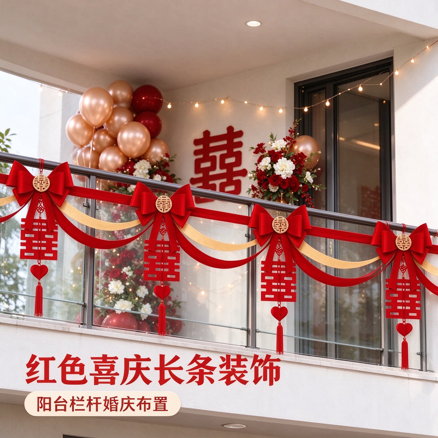 结婚拉花新人楼道波浪旗长条红色喜庆农村自建房婚礼装扮装饰用品