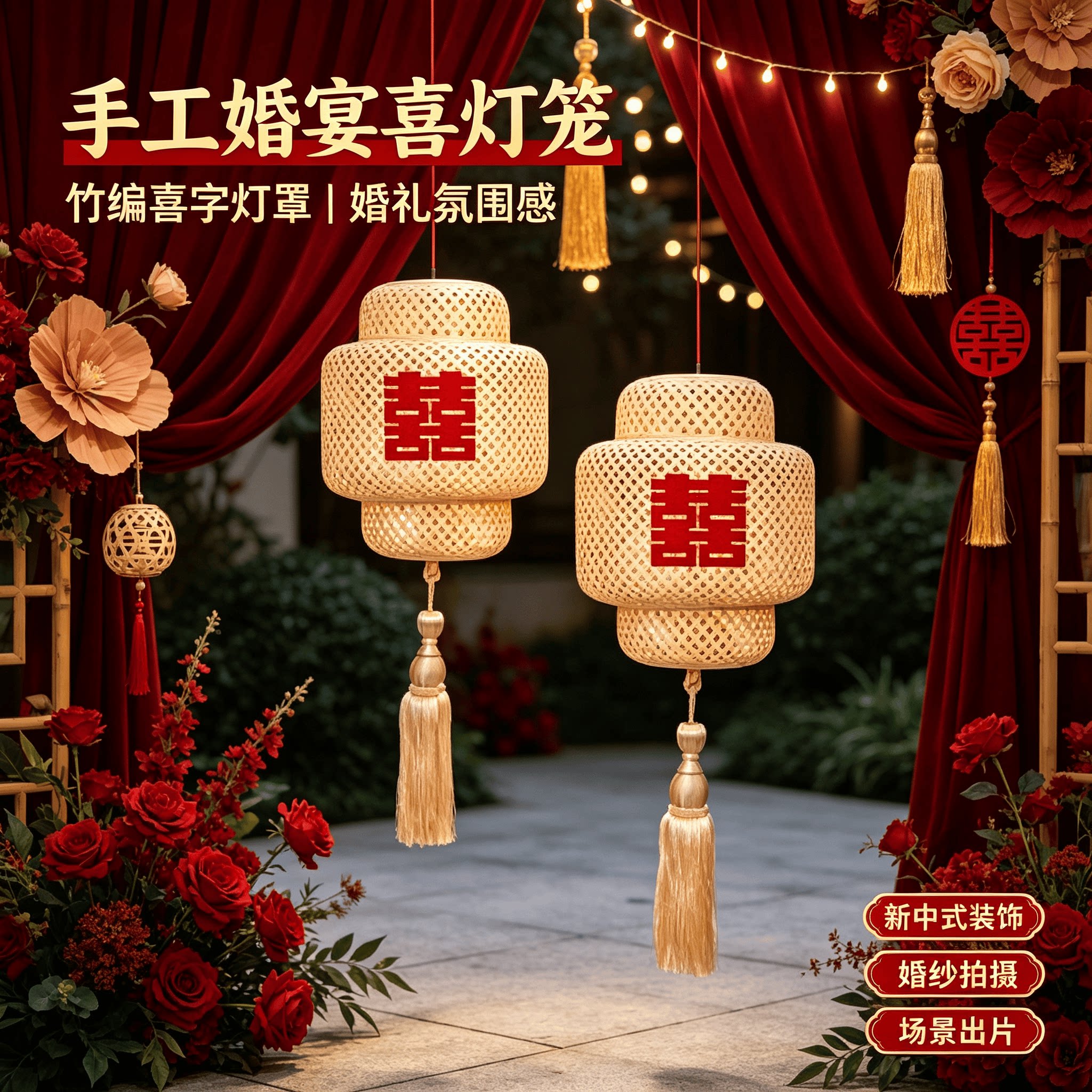 婚庆手工灯笼禅意喜字竹编灯笼
