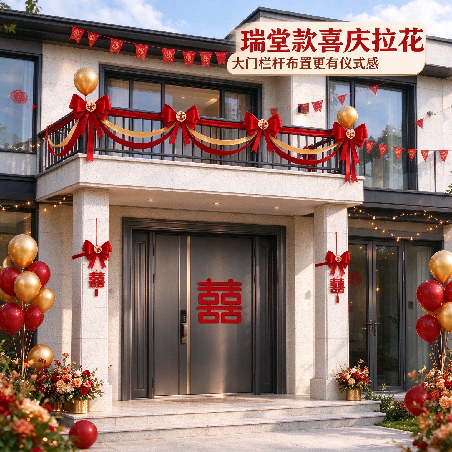 喜字拉花男方农村彩旗氛围感长条客厅背景墙婚庆装饰婚礼布置用品