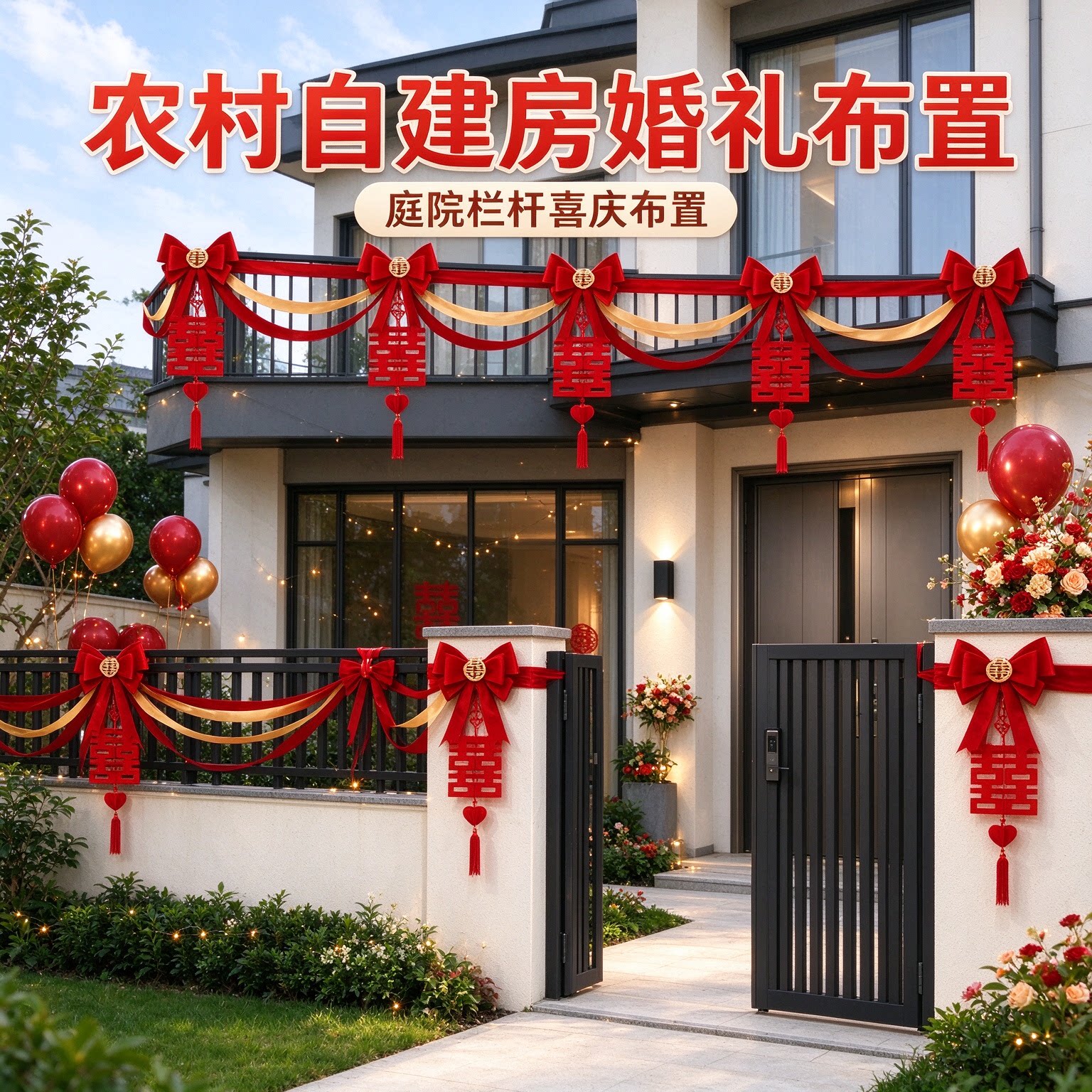 波浪旗女方房顶喜字简约大气大红农村自建房婚房装扮婚礼布置用品