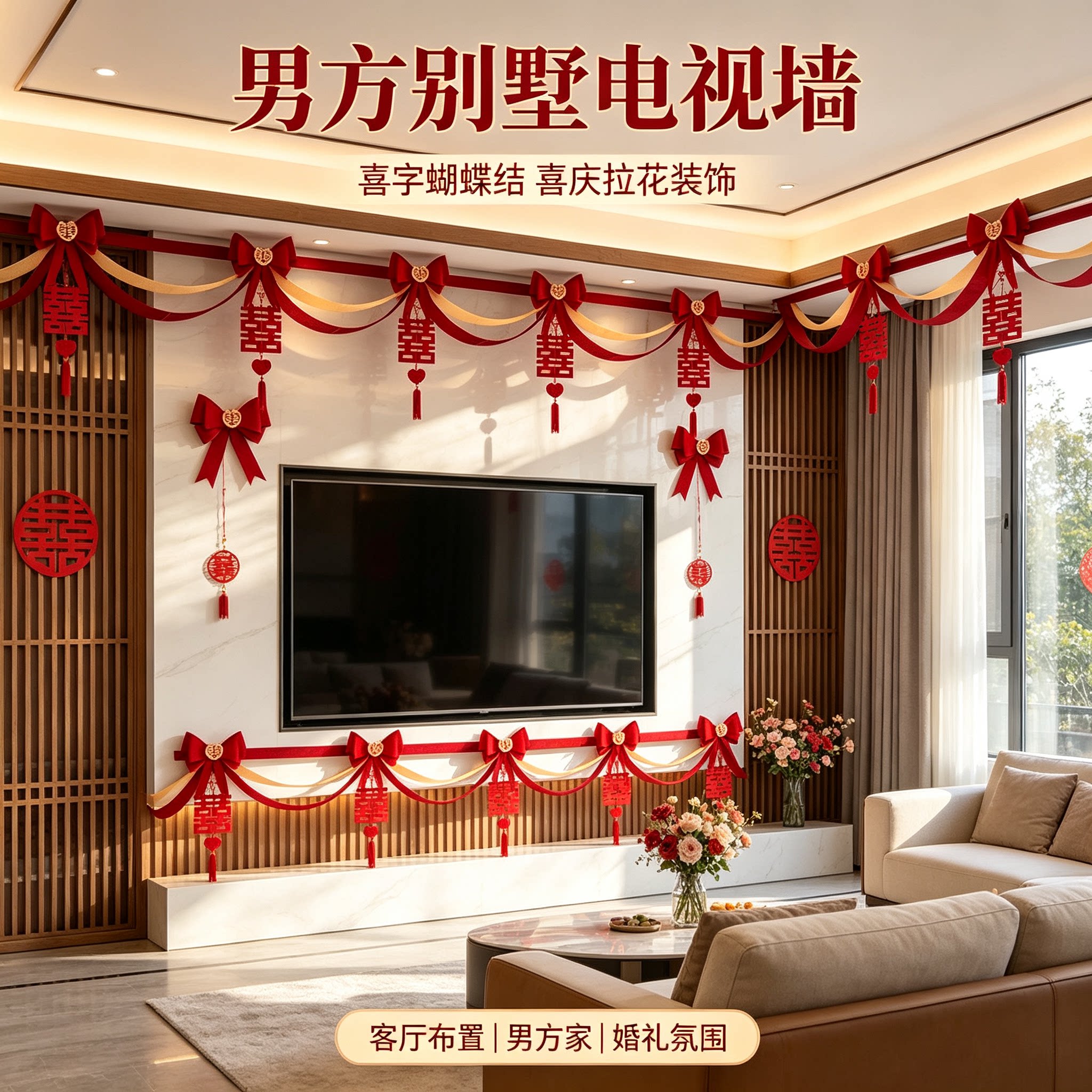 结婚拉花男方别墅蝴蝶结喜庆大红喜字客厅背景墙场景布置装饰用品