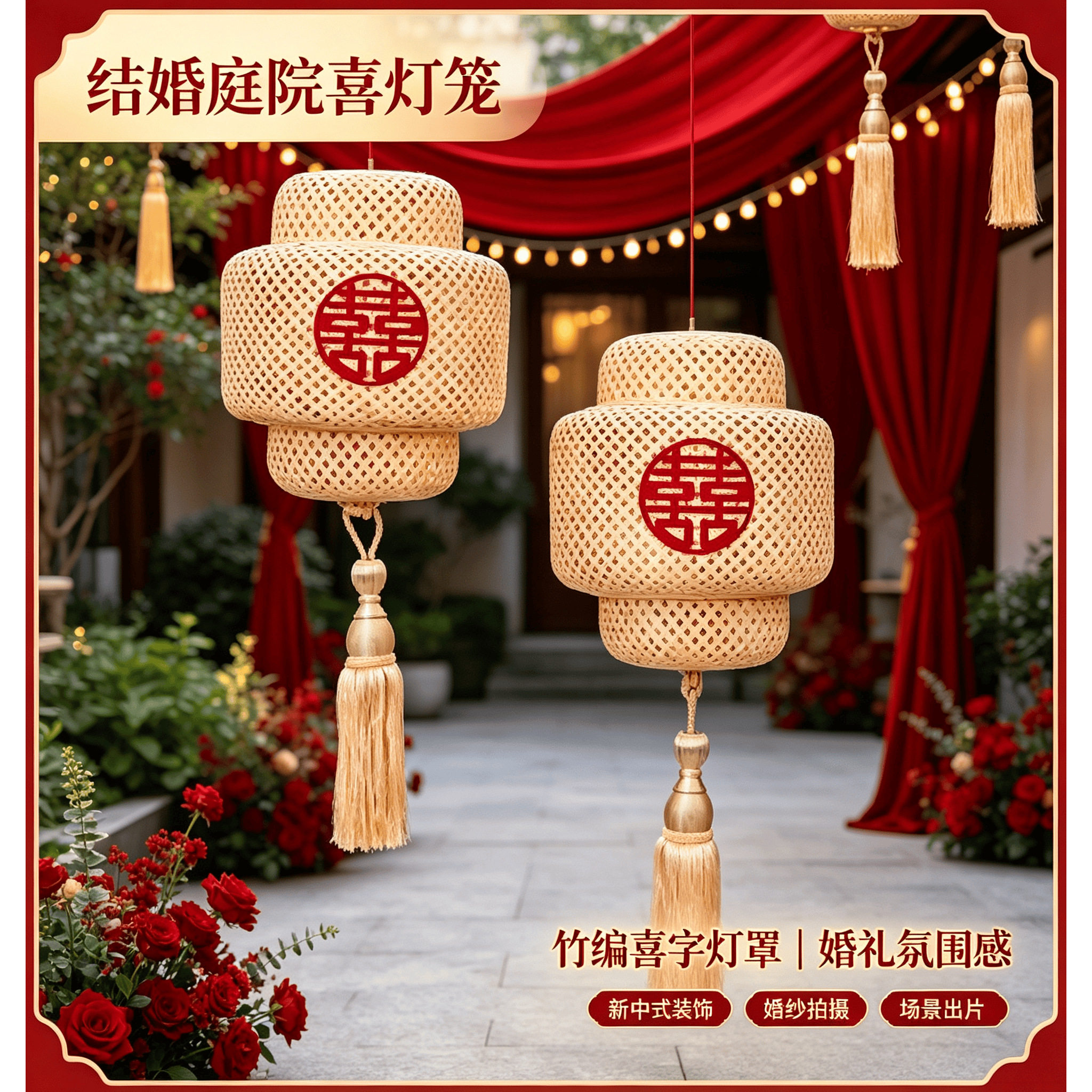 婚庆结婚灯笼禅意喜字竹编灯笼灯