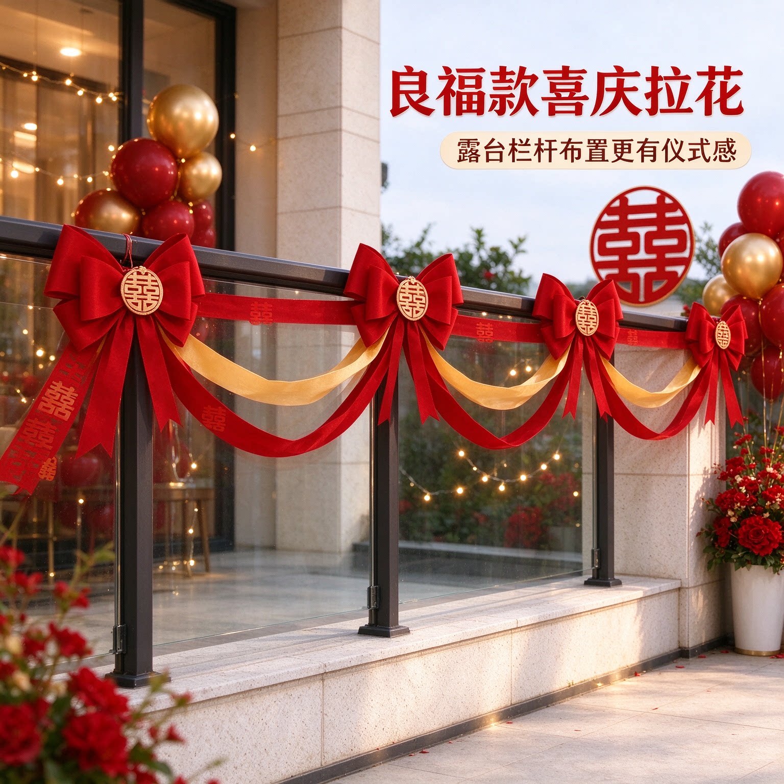 婚房布置娘家外景长条喜字彩旗蝴蝶结农村自建房婚礼装扮婚庆装饰