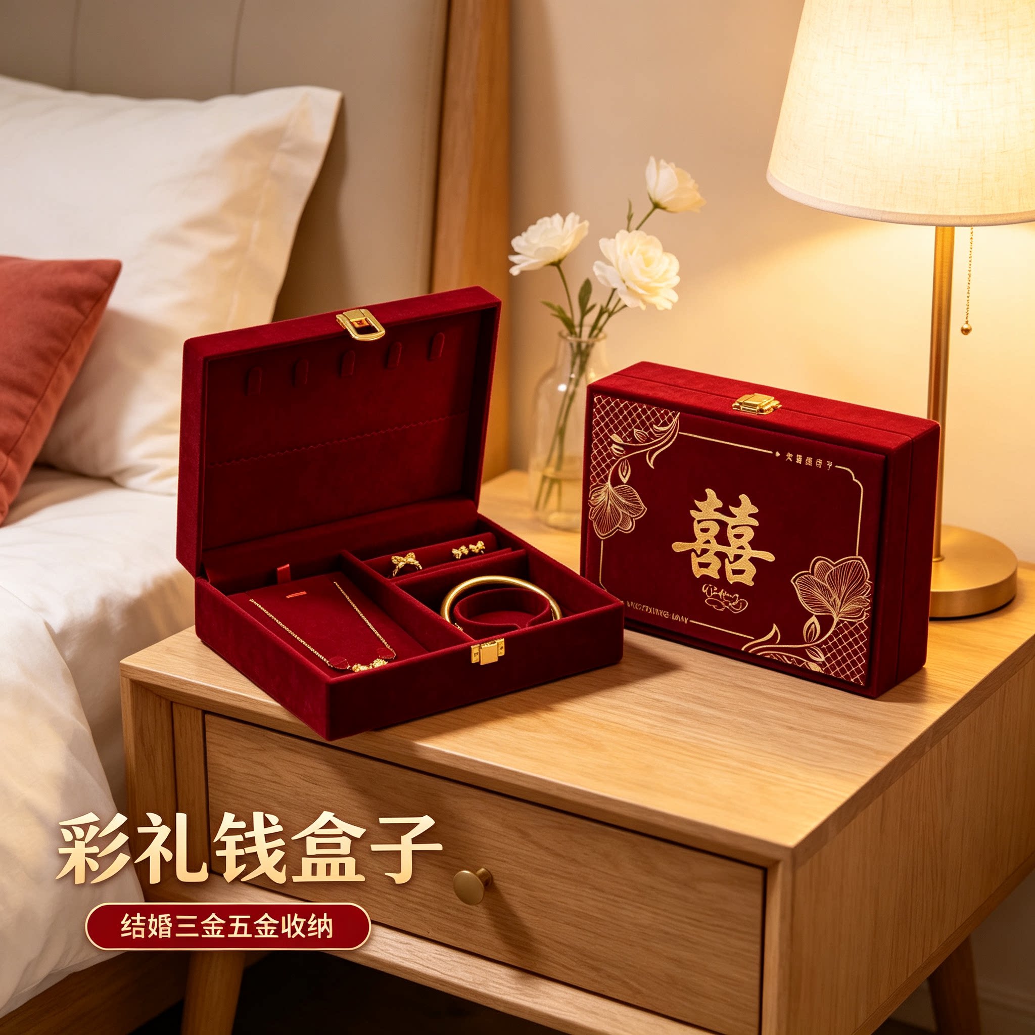 酒红提亲盒男方金器订婚结婚彩礼钱盒子质感婚礼三金五金盒