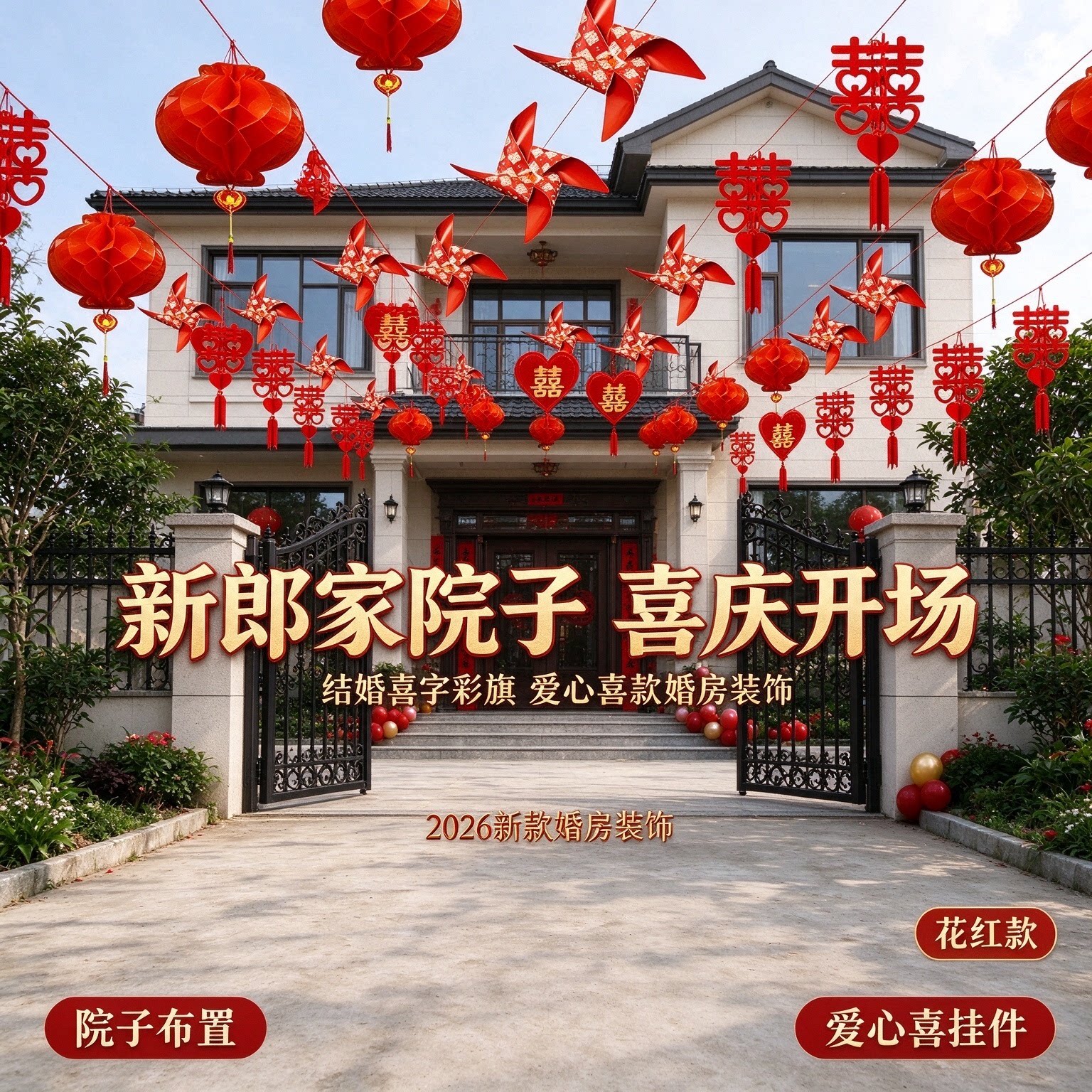 结婚喜字彩旗新郎家农村院子爱心喜挂件2026新款婚房装饰用品大全