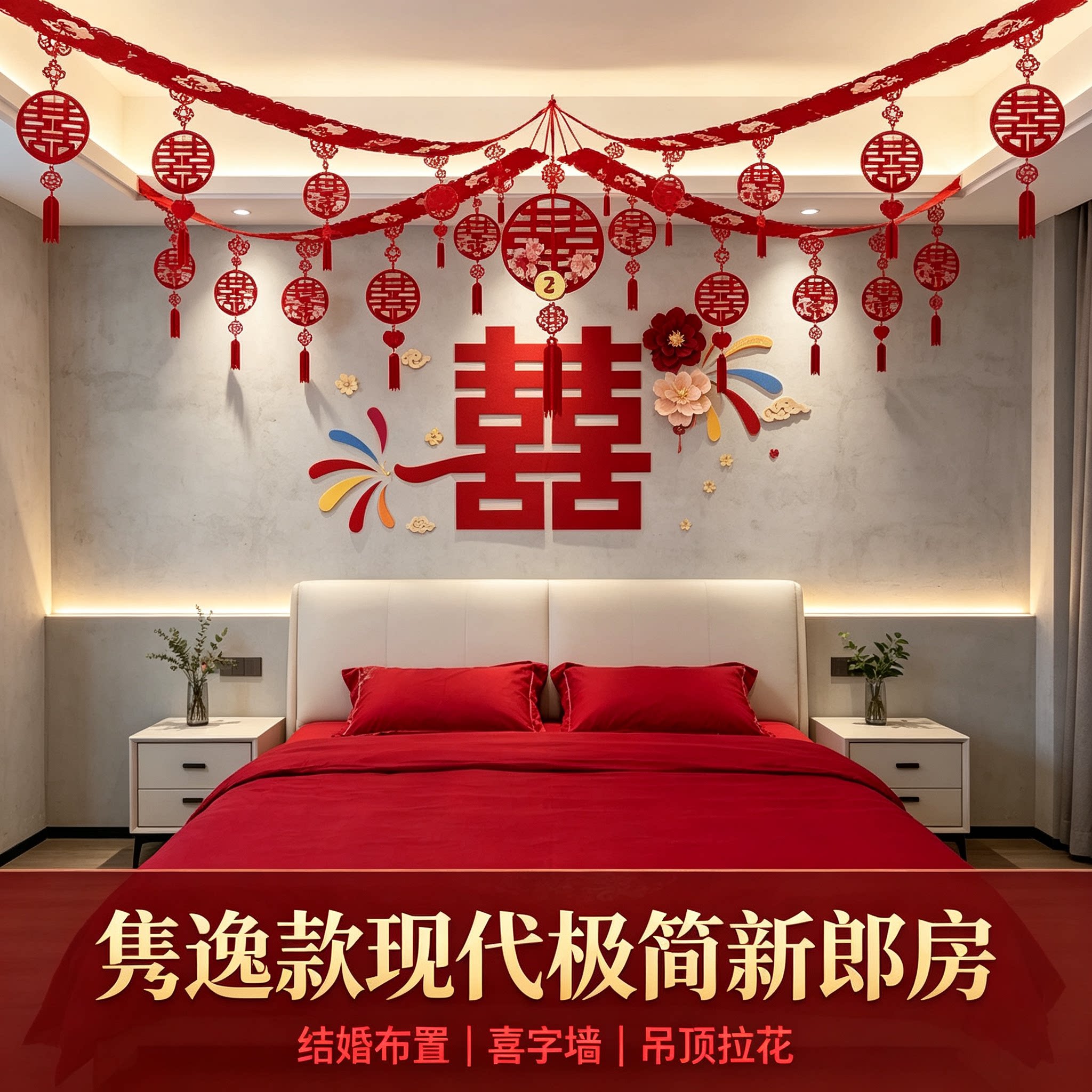 结婚礼新郎房卧室床头喜字背景墙吊顶拉花婚房氛围感布置装饰