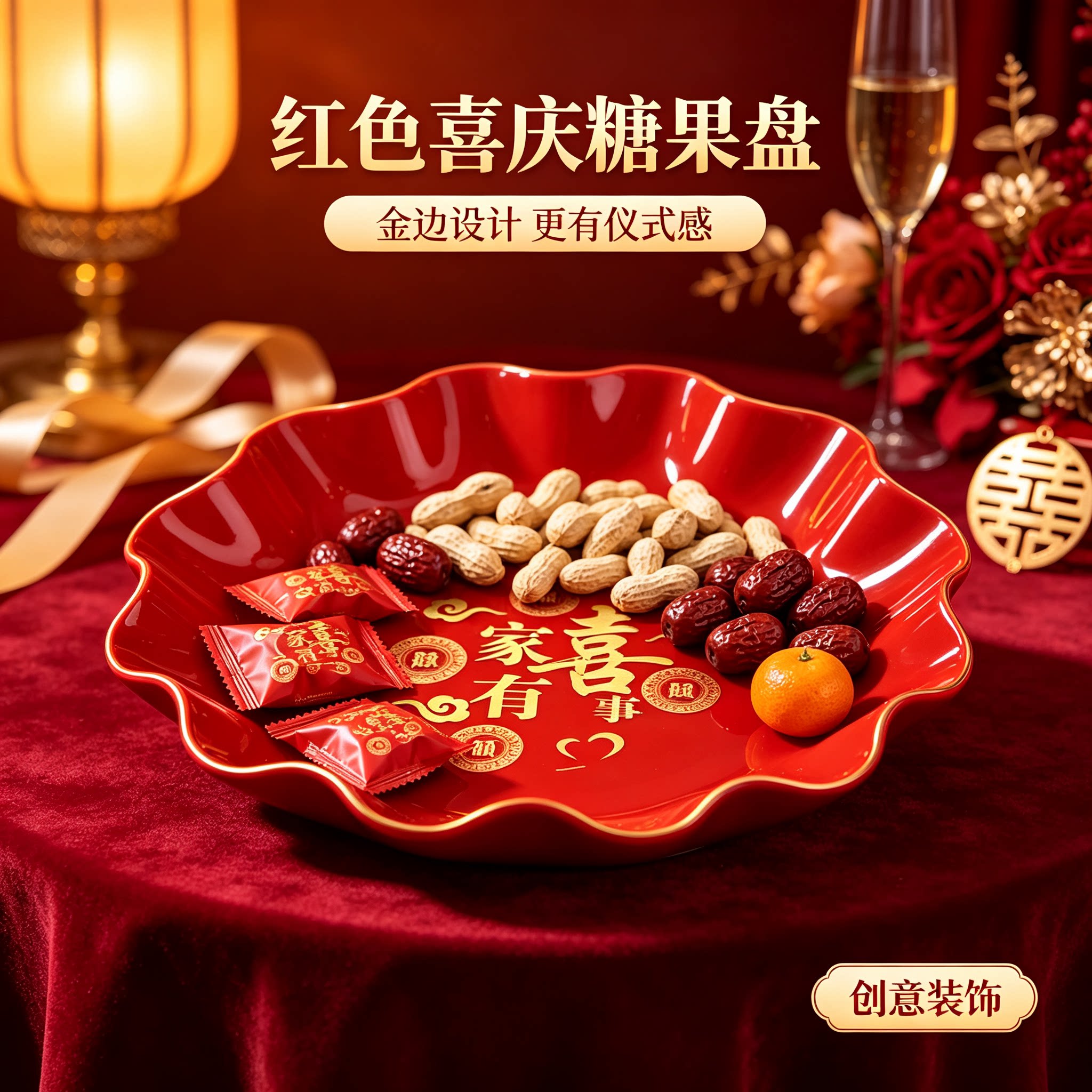 订婚糖果盘金边设计家用客厅茶几零食水果篮结婚创意装饰婚庆用