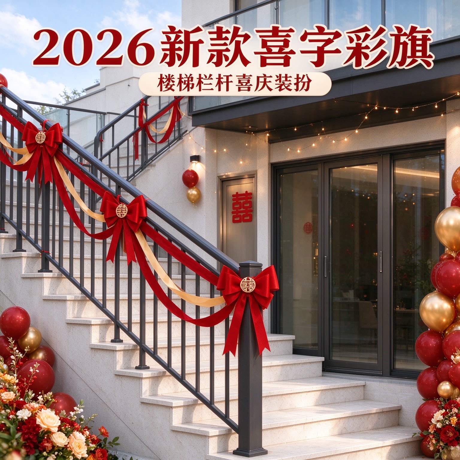 波浪旗出嫁房门喜字2026新款彩旗农村自建房婚庆装饰婚礼布置用品