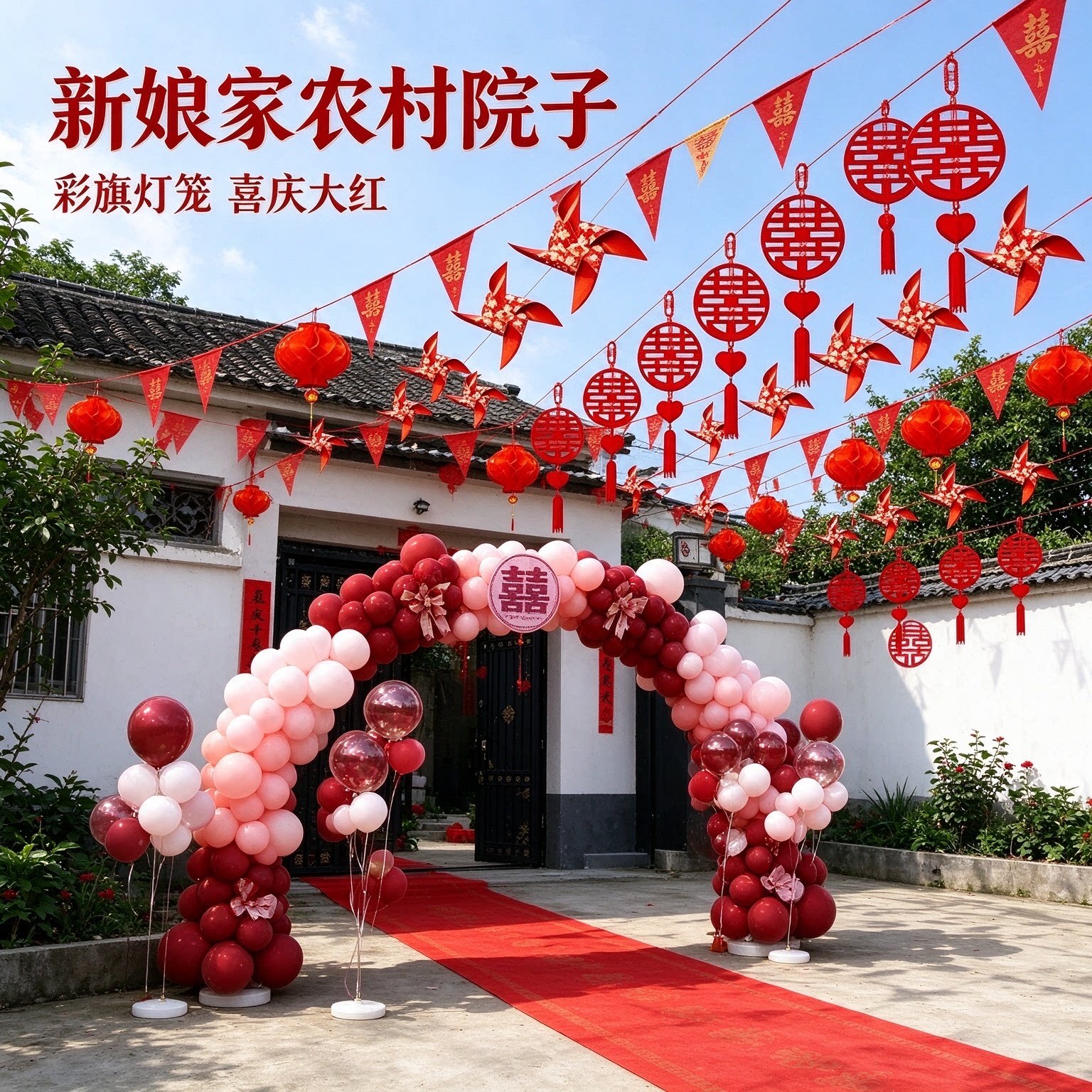 喜字拉花装饰新娘家农村院子彩旗灯笼2026新款结婚场景布置用品