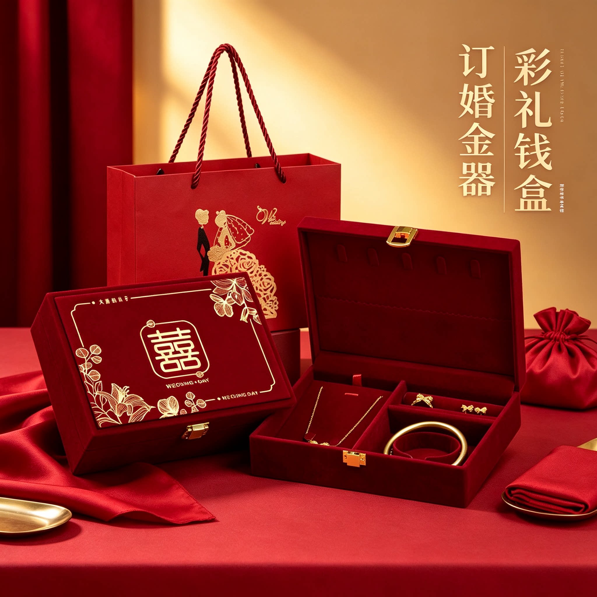 男方黄金首饰盒放三金订婚金器结婚彩礼钱盒子酒红质感五金盒