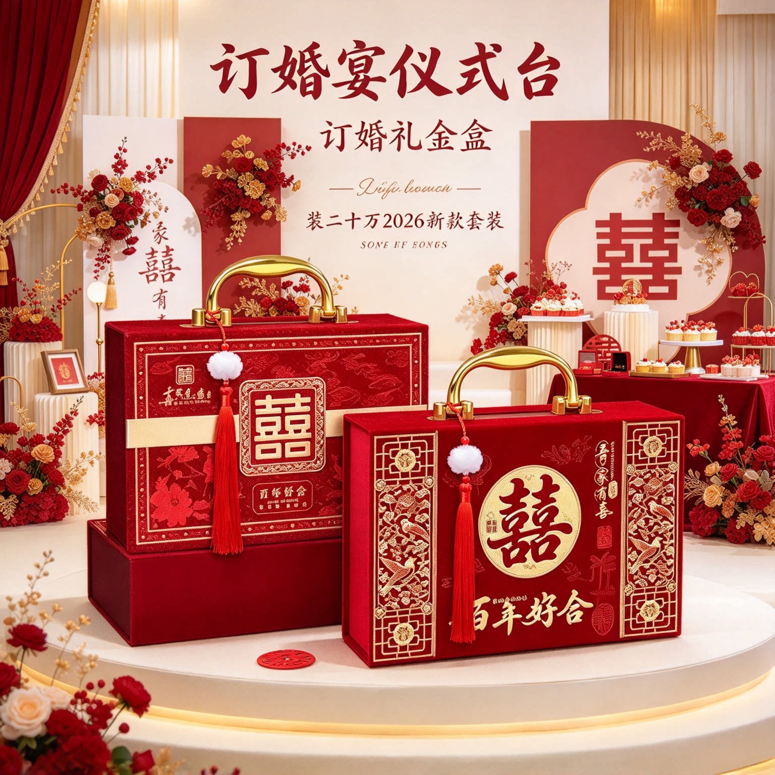 彩礼现金礼盒提亲用装二十万2026年新款套装新婚大红聘礼用品大全