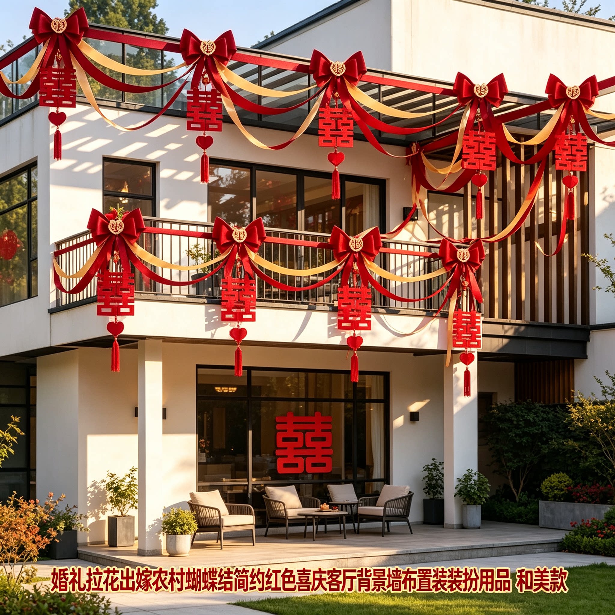 婚礼拉花出嫁农村蝴蝶结简约红色喜庆客厅背景墙布置装饰装扮用品