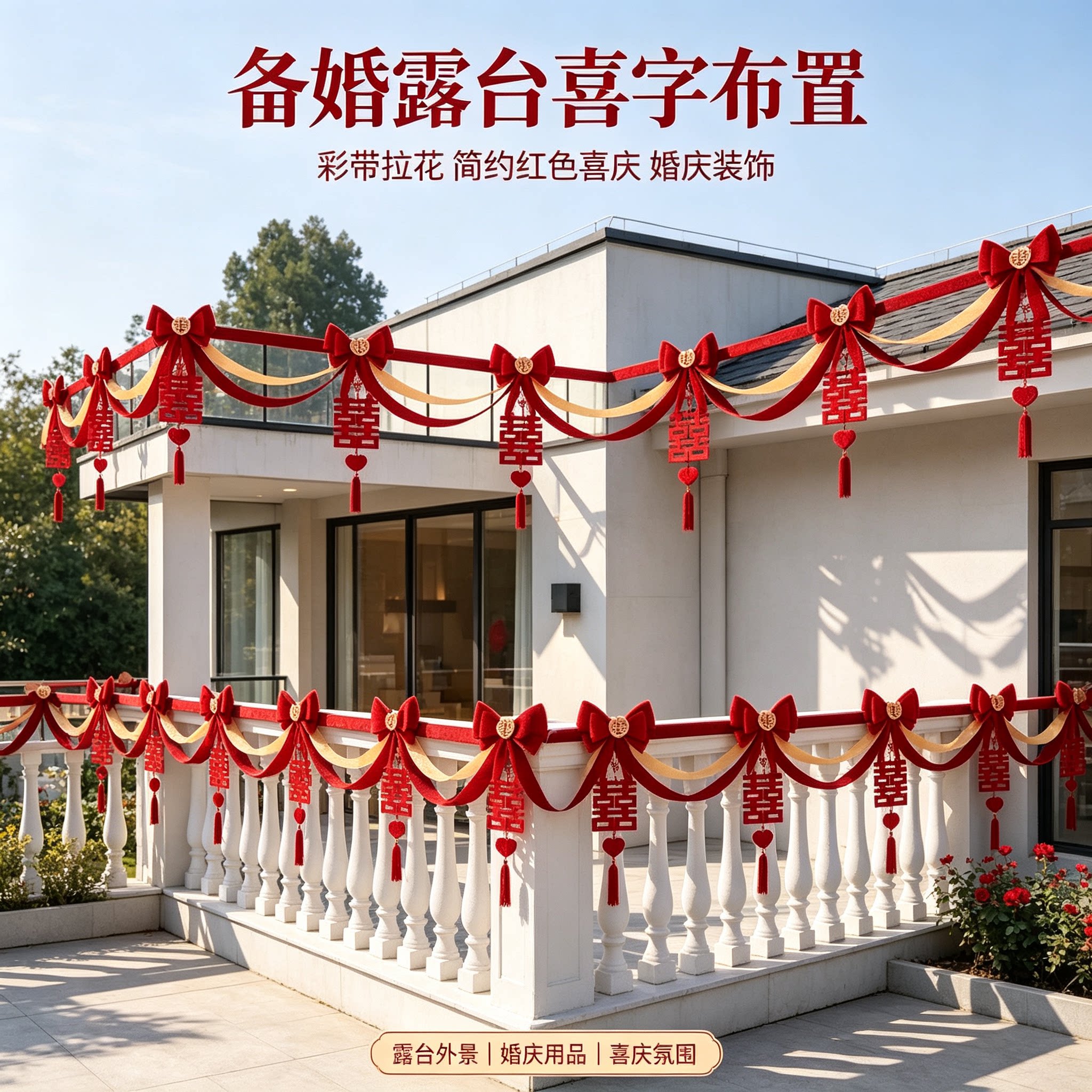 彩带拉花备婚自建房喜字简约红色喜庆客厅背景墙婚庆装饰布置用品
