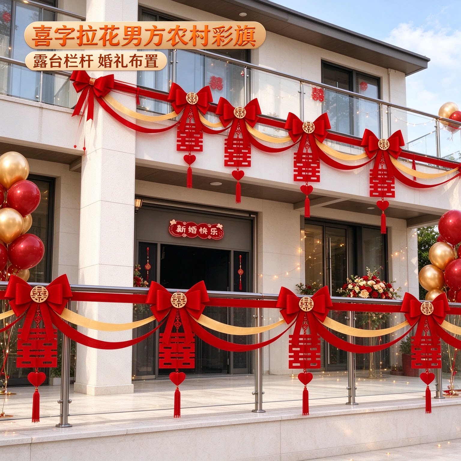 喜字拉花男方农村彩旗氛围感长条客厅背景墙婚庆装饰婚礼布置用品